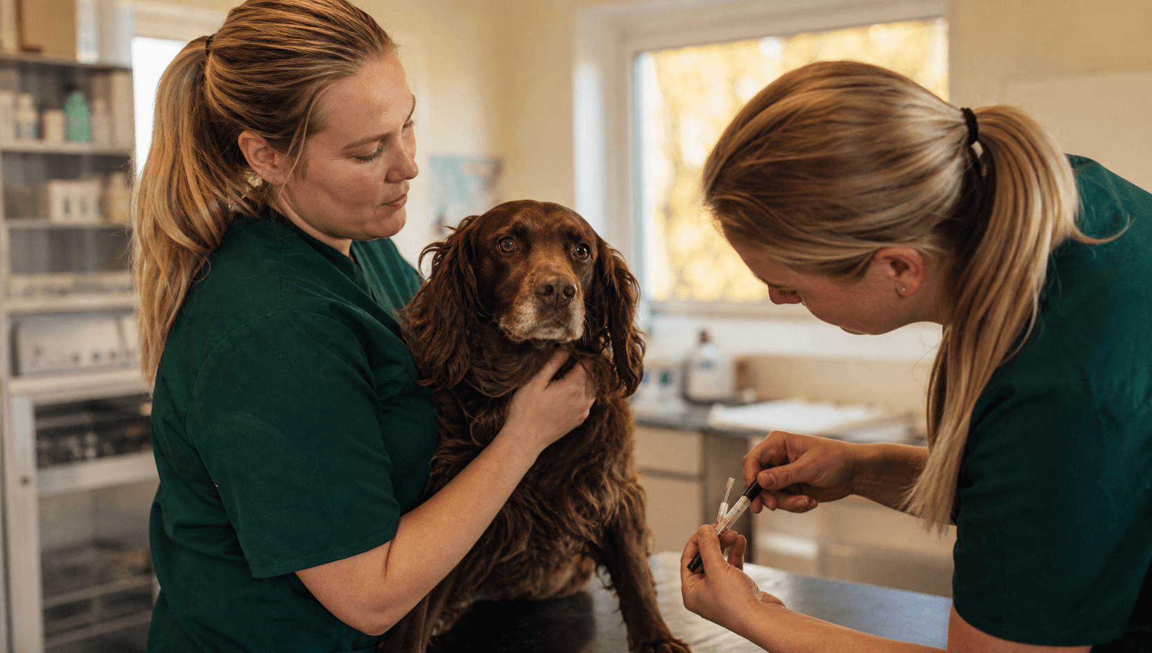 Veterinär tar prov för progesterontiming inför insemination av tik.
