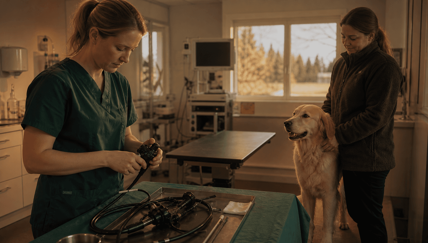Veterinär förbereder utrustning inför insemination för hund medan tik och ägare väntar.