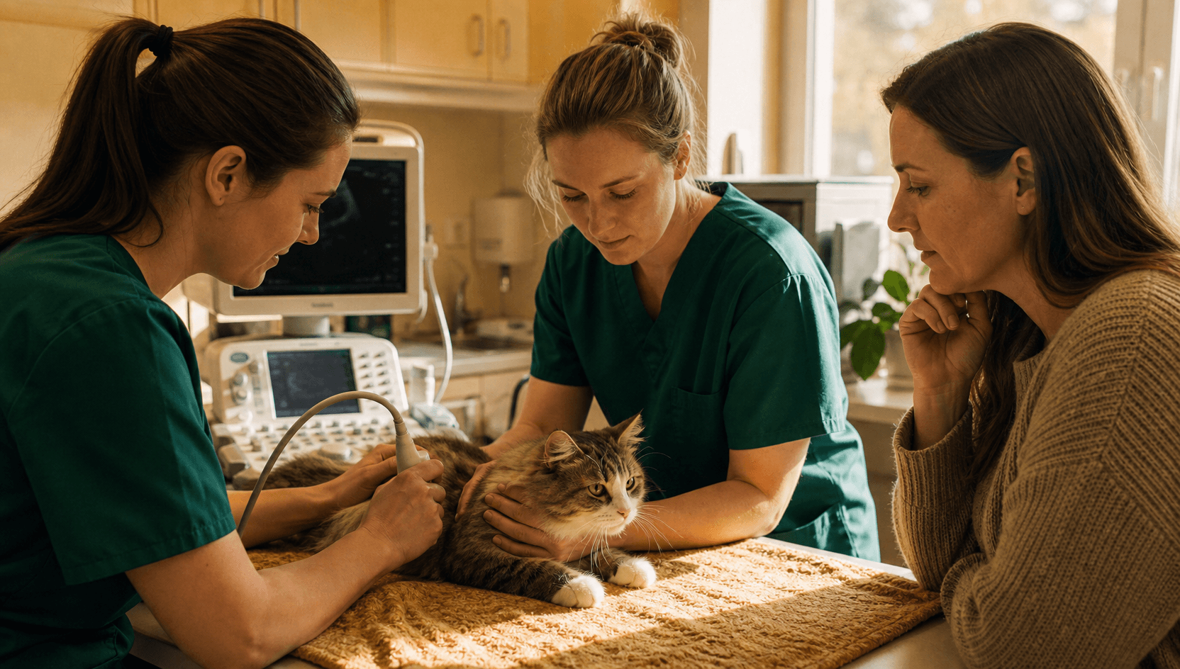 Veterinär gör ultraljudsbedömning av katt inför reproduktionsplanering.