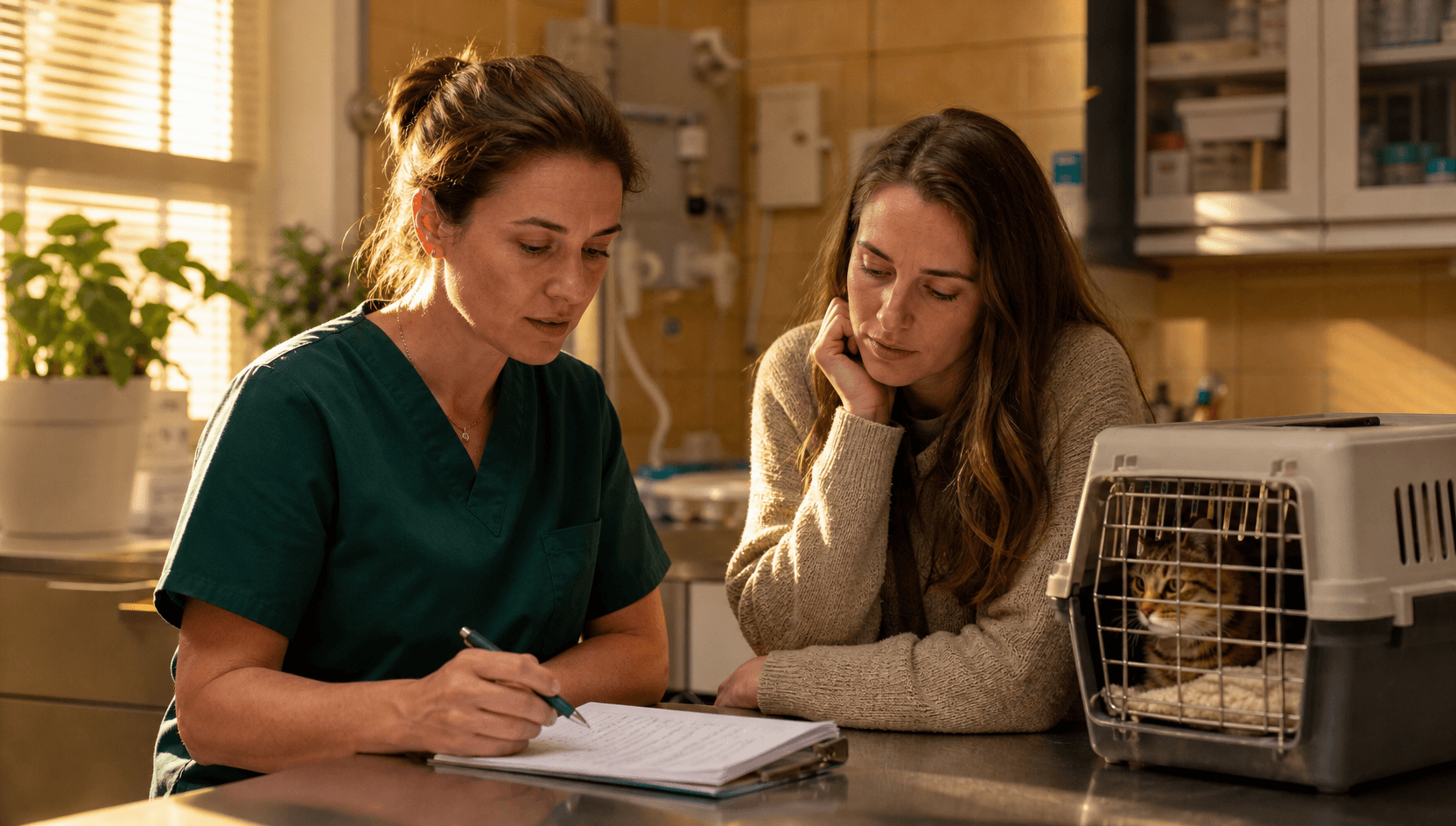 Veterinär skriver plan för kattägare inför offert och specialistbedömning av katt-AI.