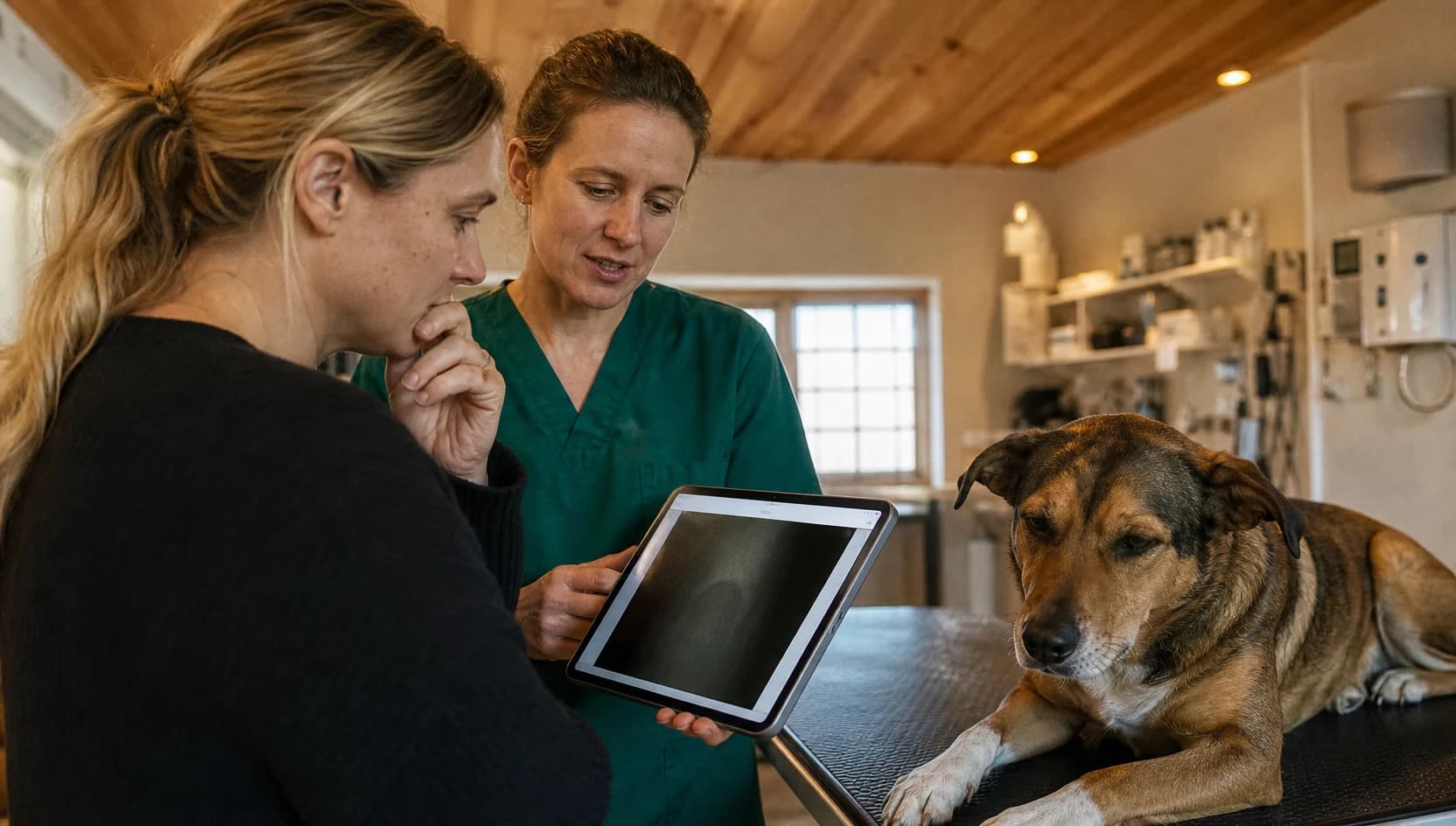Veterinär i teal scrubs går igenom ledutredning inför artroskopi med djurägare.