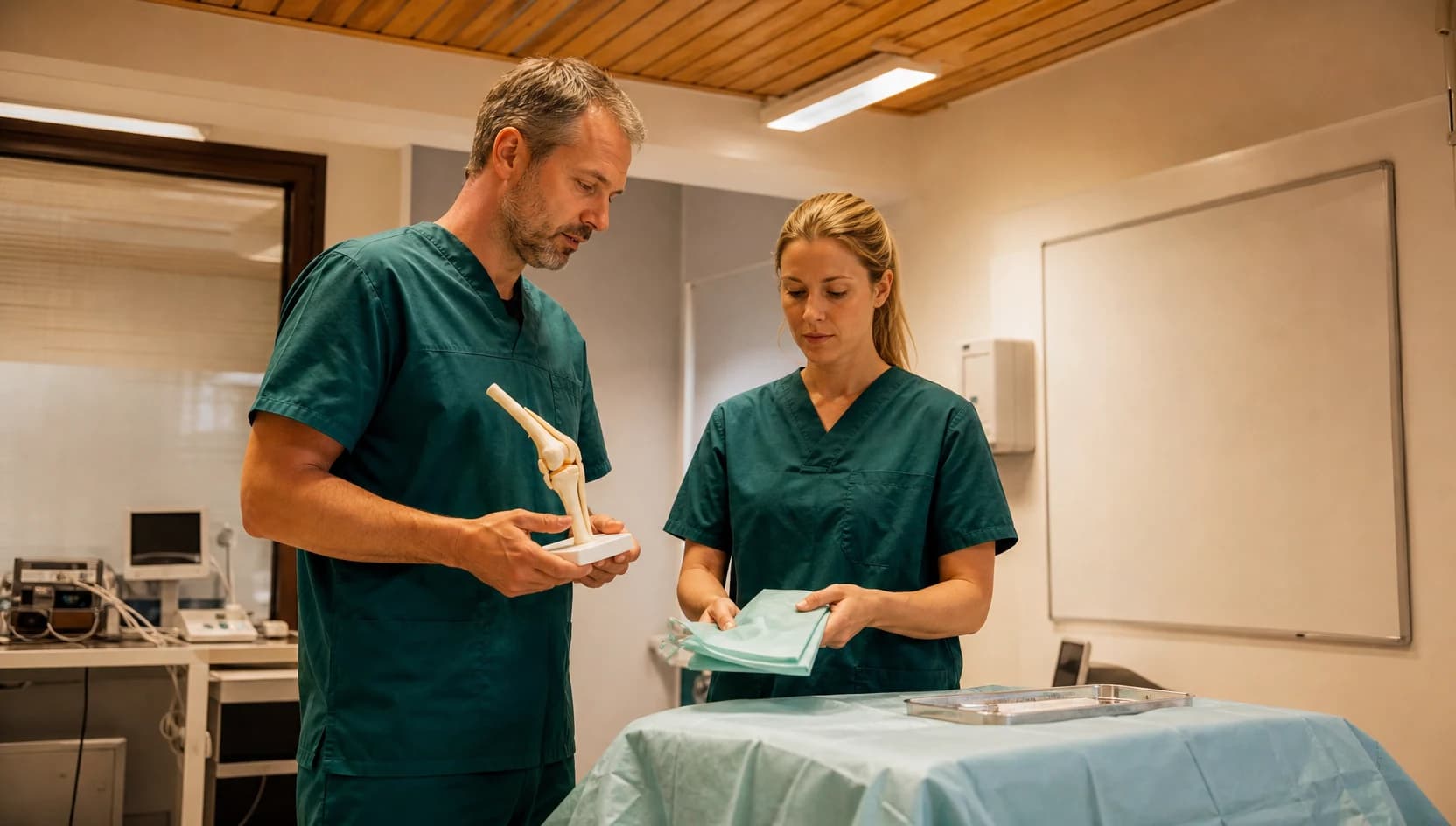 Ortopediskt undersökningsrum för artroskopi med instrument och blank planeringstavla.