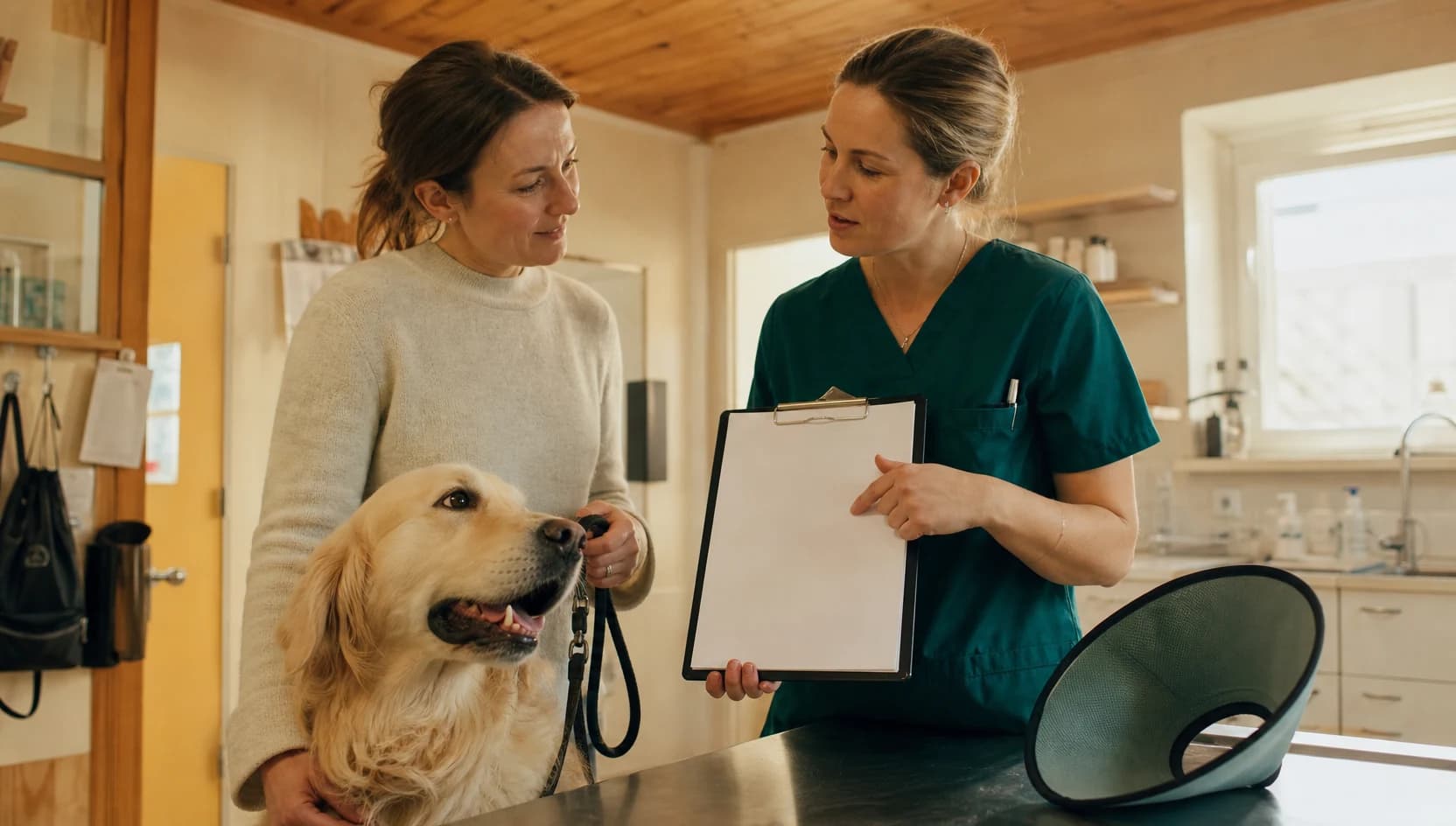 Veterinär och djurägare går igenom eftervård och prisfrågor inför artroskopi.