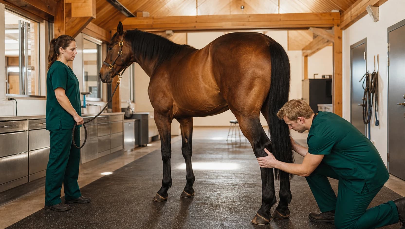 Hästveterinär i teal scrubs palperar hasled inför artroskopi hos häst.
