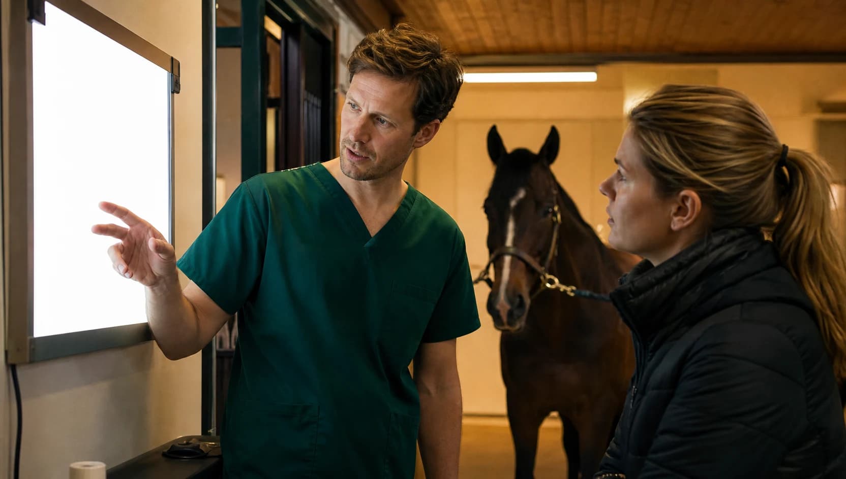 Hästveterinär och hästägare diskuterar röntgenfynd inför ledkirurgi.