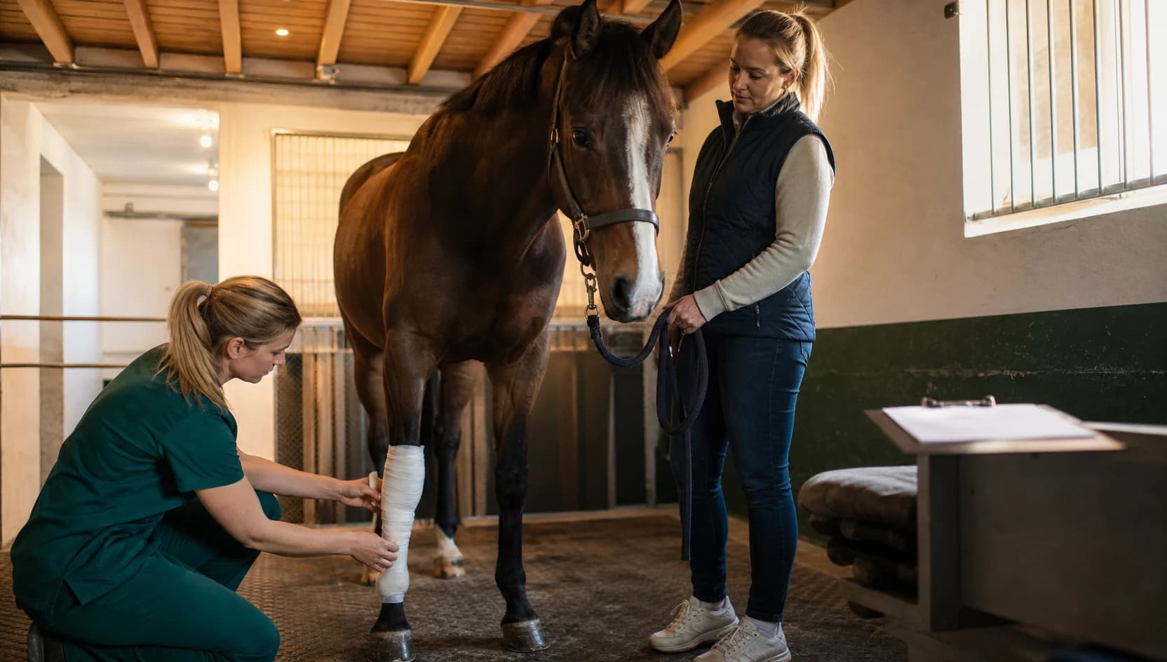 Veterinärsköterska kontrollerar bandage på häst efter artroskopi.