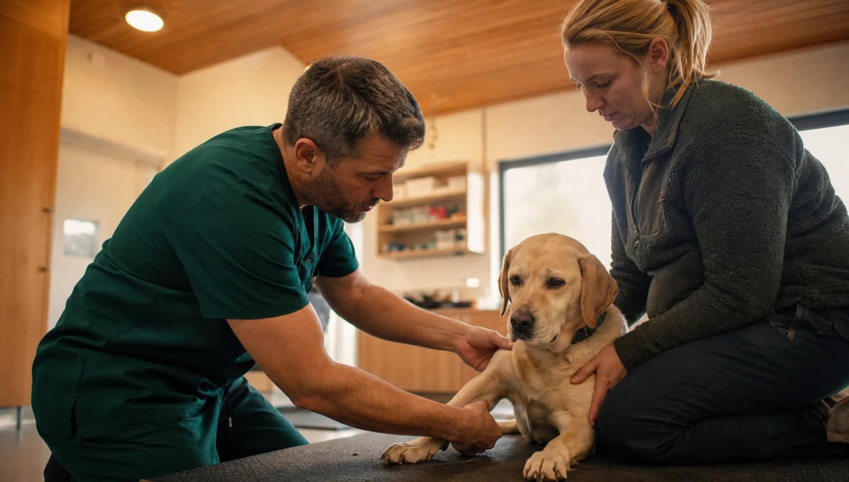 Veterinär i teal scrubs undersöker hundens framben inför möjlig artroskopi.