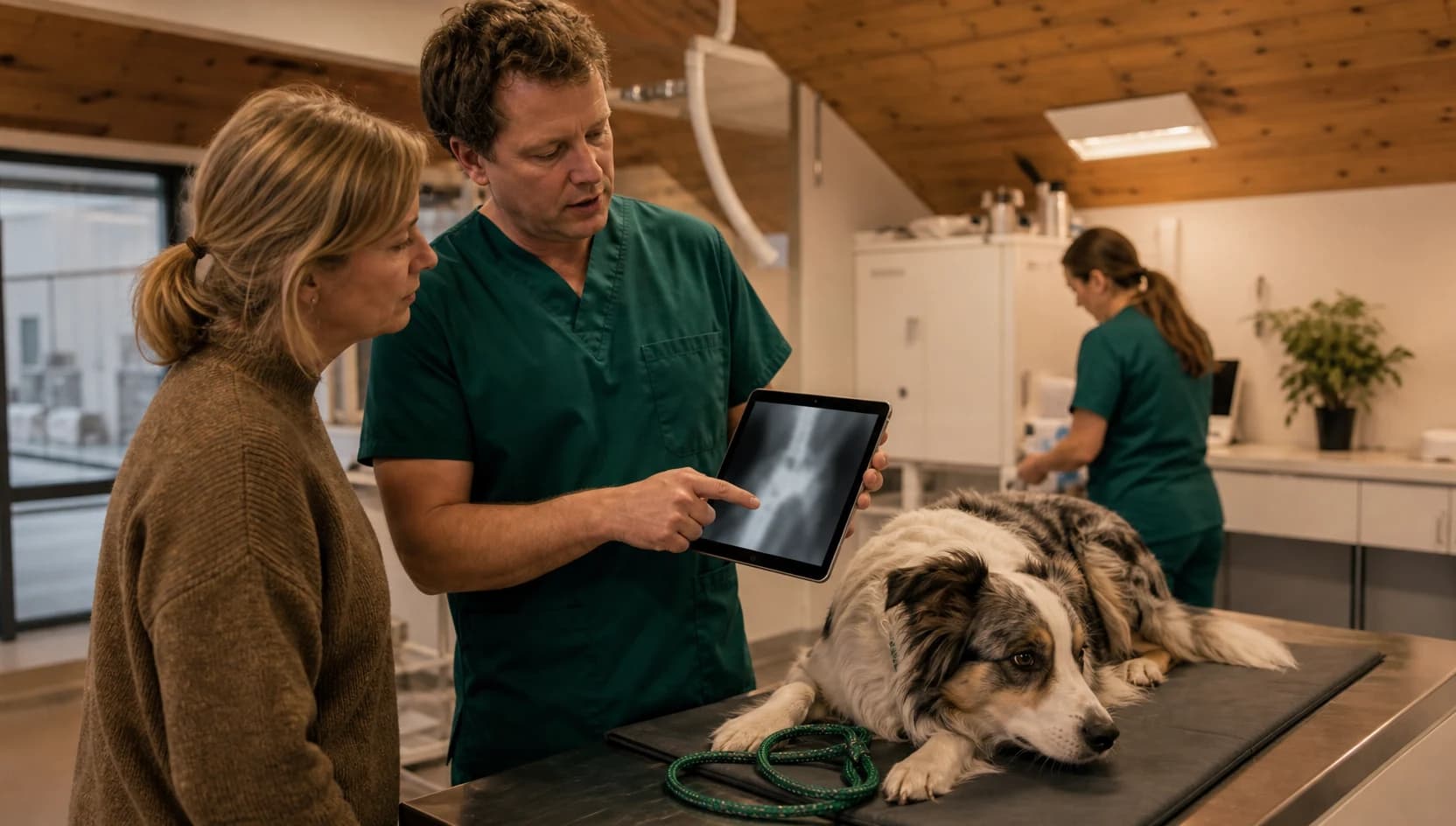 Veterinär visar hundägare bildunderlag inför ortopedisk ledkirurgi.