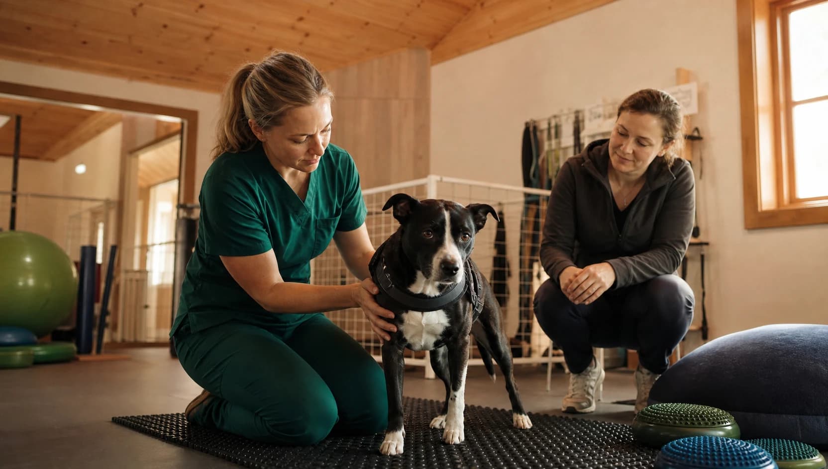 Rehabsköterska i teal scrubs hjälper hund med kontrollerad rörelse efter artroskopi.
