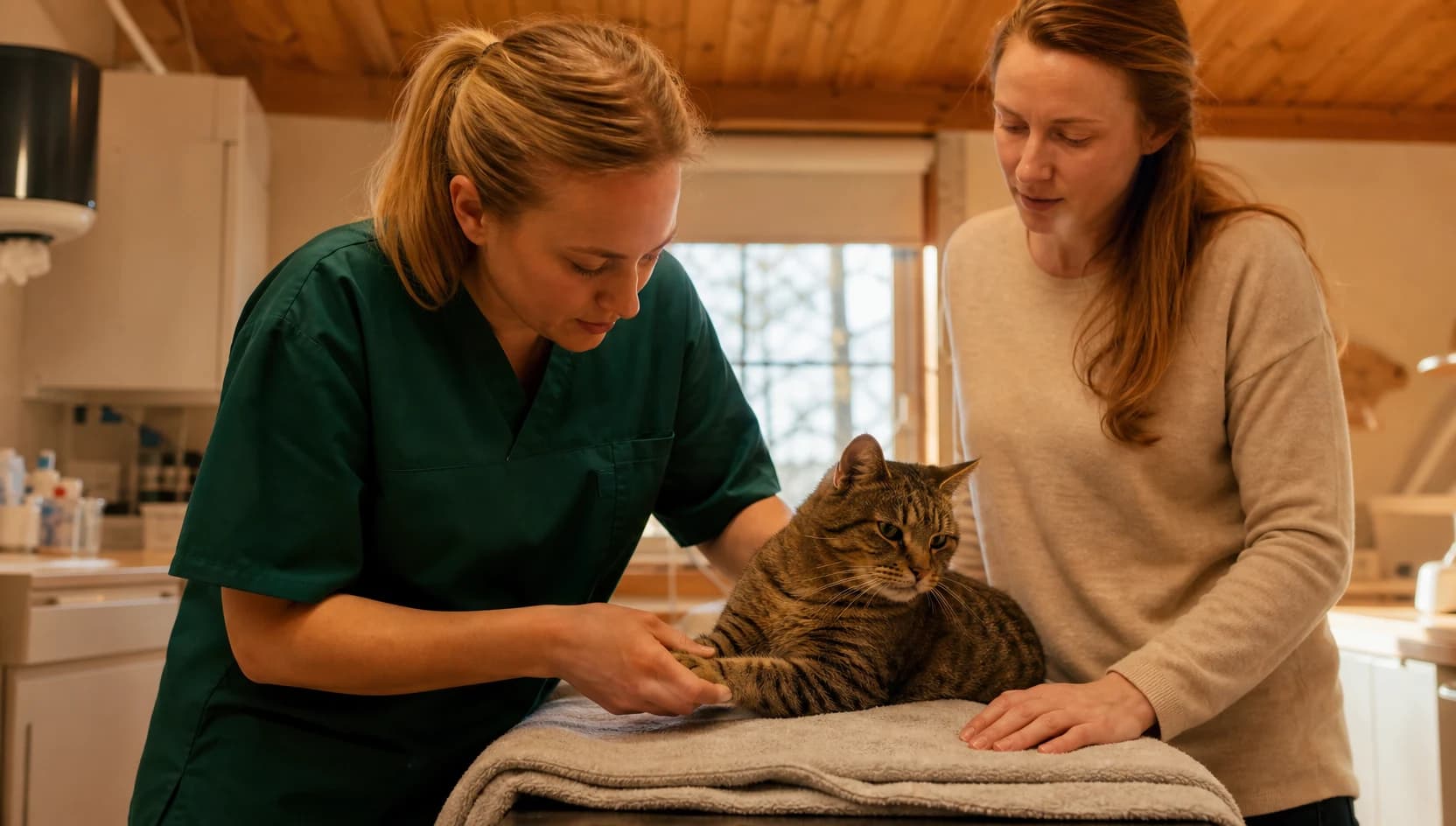 Veterinär i teal scrubs undersöker kattens ben inför specialistbedömning av ledproblem.
