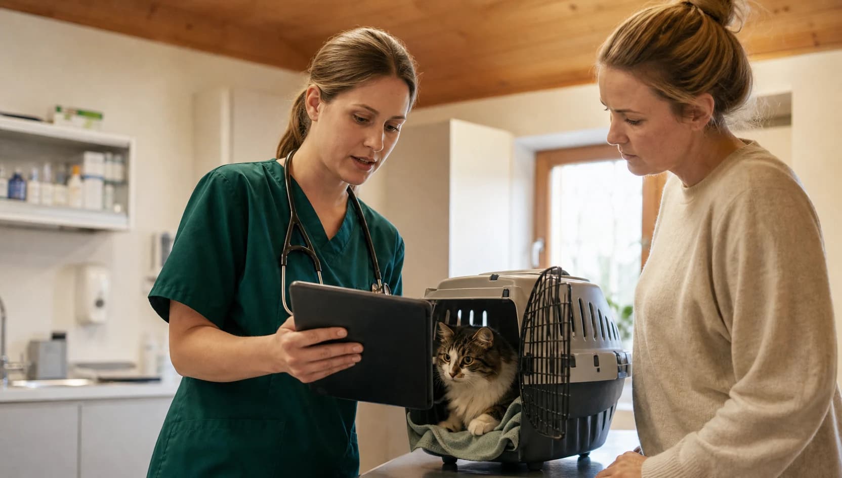 Katt i öppen transportbur medan veterinär och ägare går igenom bilddiagnostik.