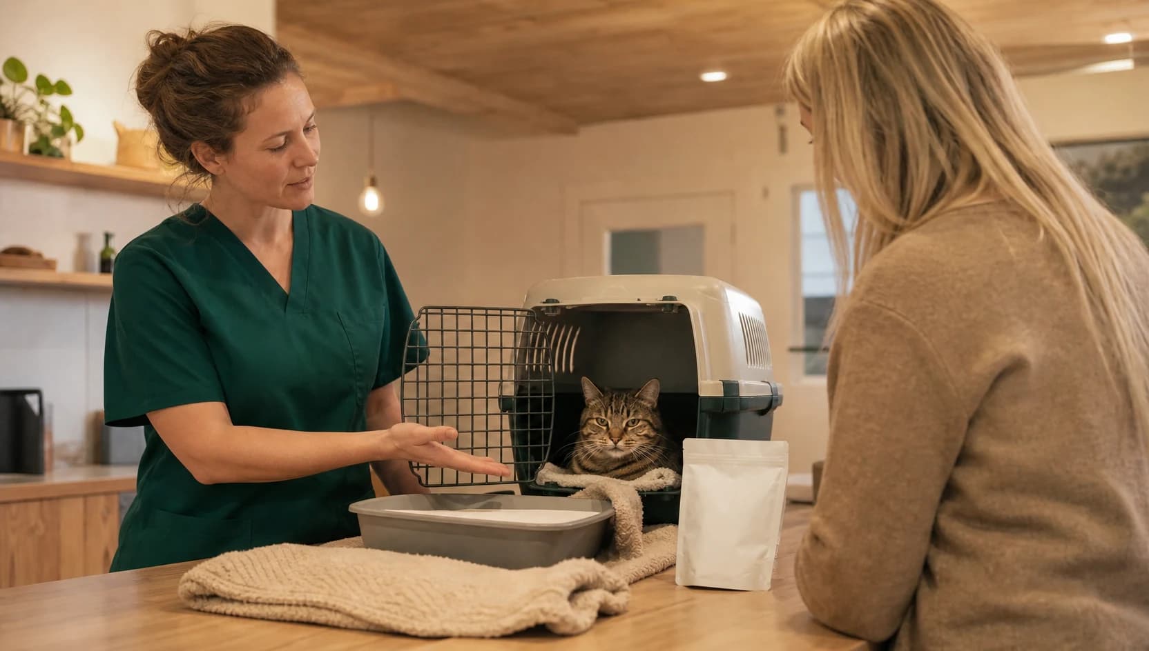 Veterinärsköterska visar lugn eftervårdsplats för katt efter artroskopi.