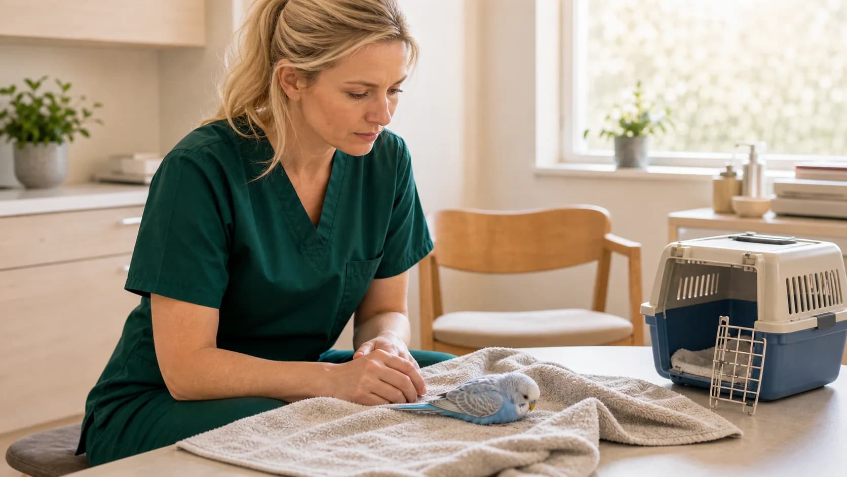 Fågelveterinär i gröna scrubs observerar äldre blå undulat i öppen transportbur.