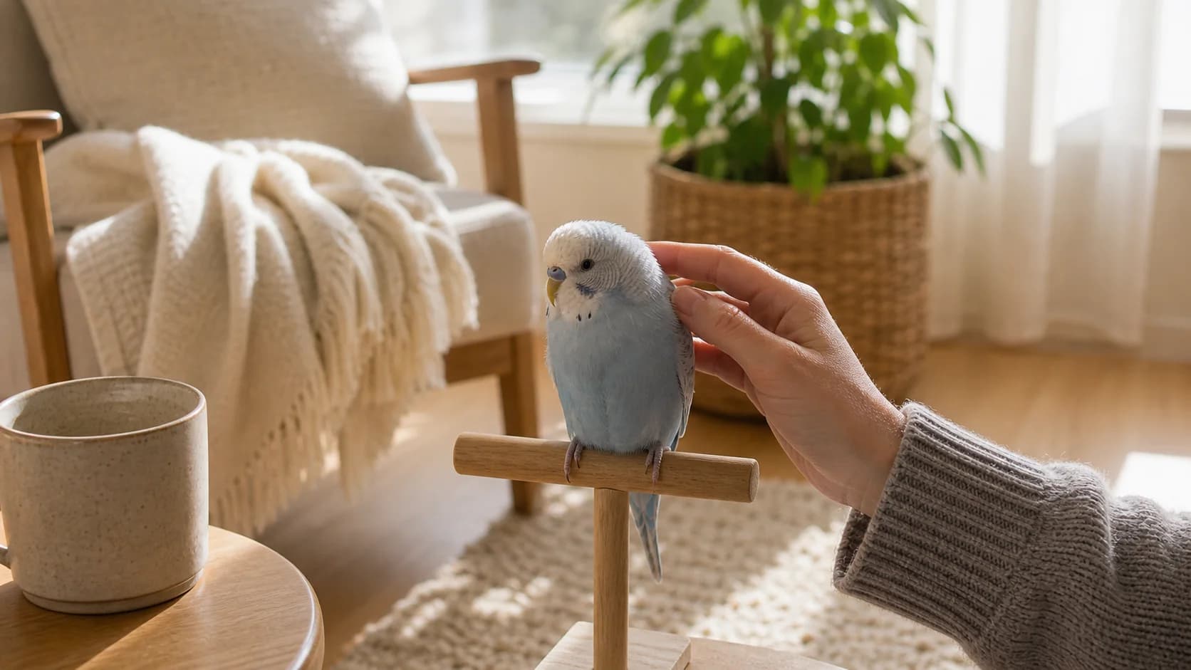 Äldre blå undulat sitter hemma nära ägarens hand inför ett svårt avlivningsbeslut.