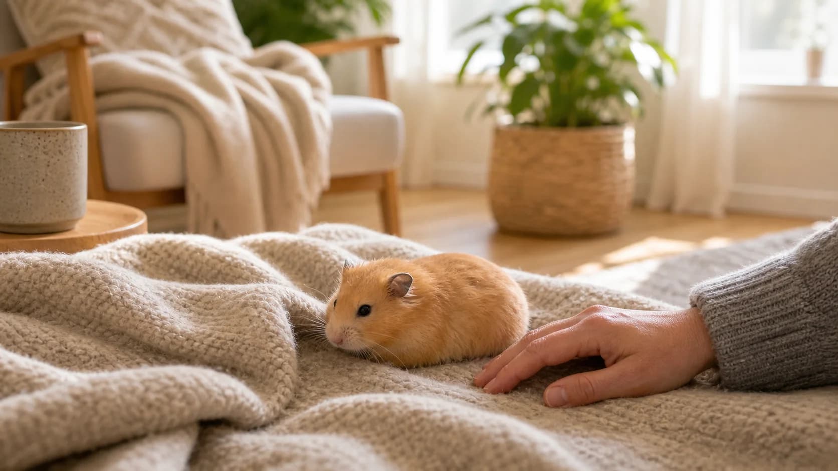 Äldre guldhamster vilar hemma nära ägarens hand inför ett svårt avlivningsbeslut.