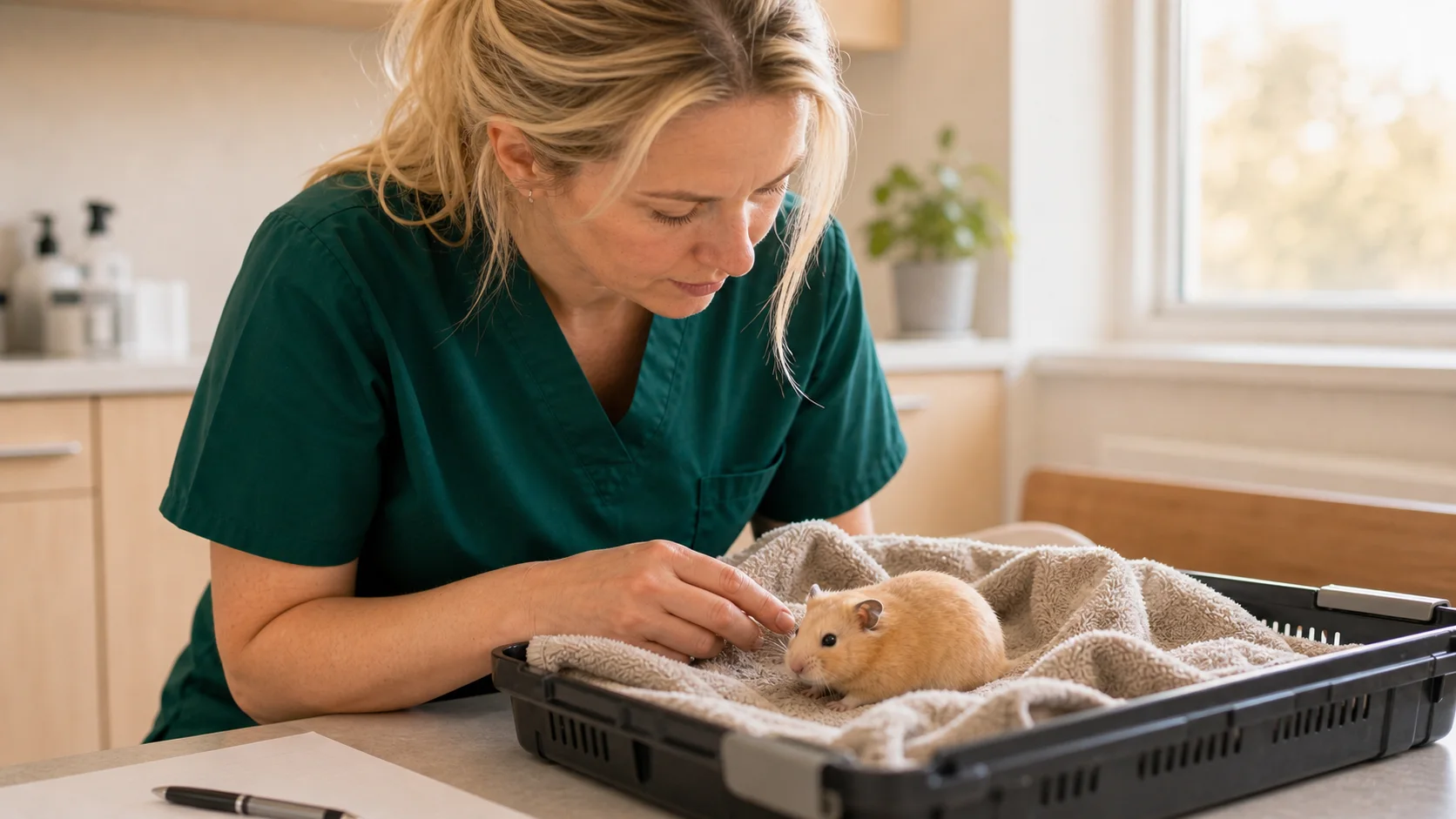 Veterinär i gröna scrubs bedömer äldre guldhamster inför livskvalitetsbeslut.
