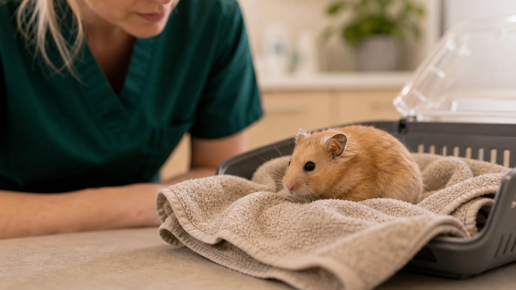 Äldre guldhamster vilar på handduk medan veterinär bedömer hållning och andning.