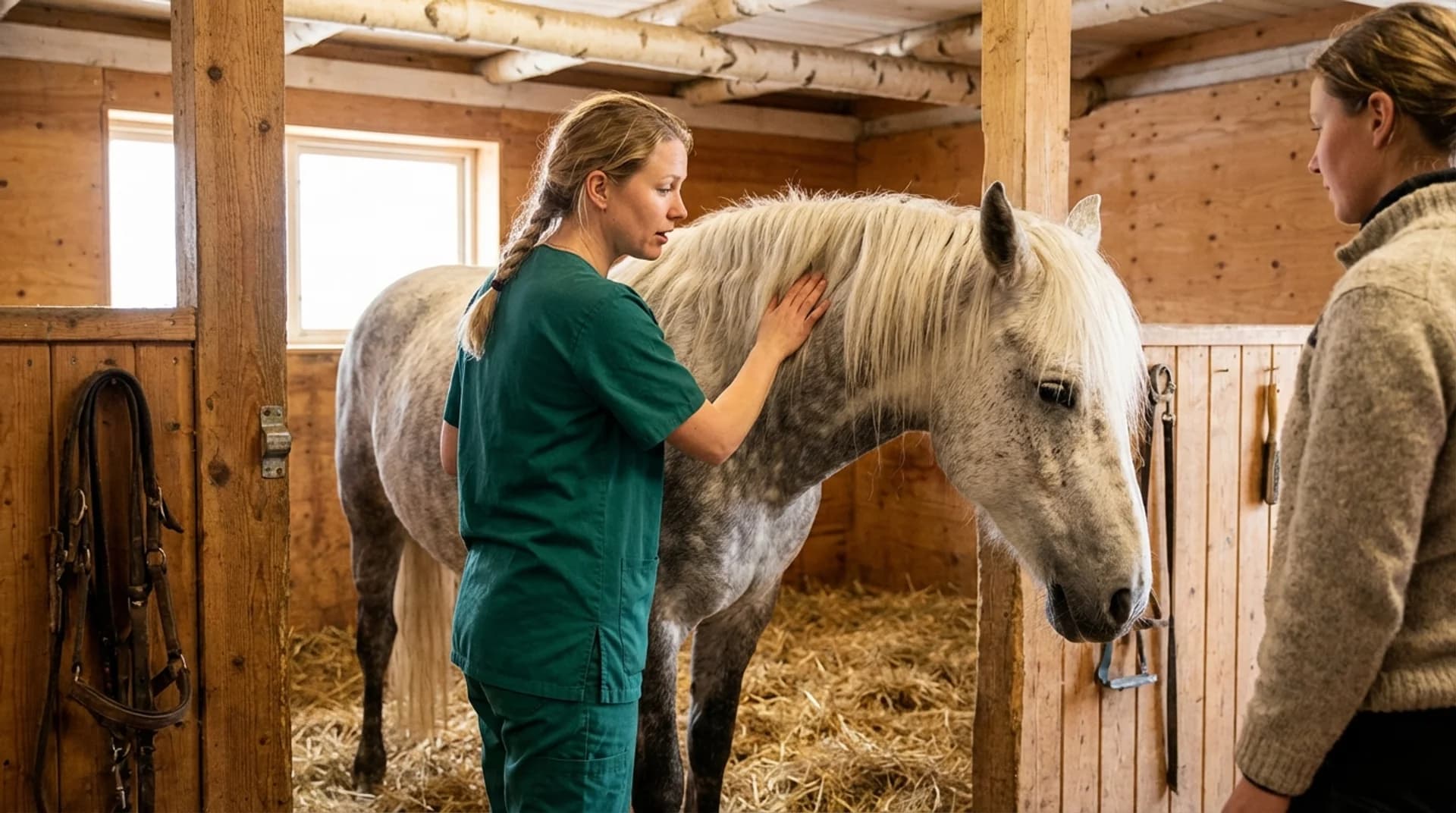 Veterinär i gröna scrubs lugnt håller hand på dapplad grå häst i stallet inför avlivning
