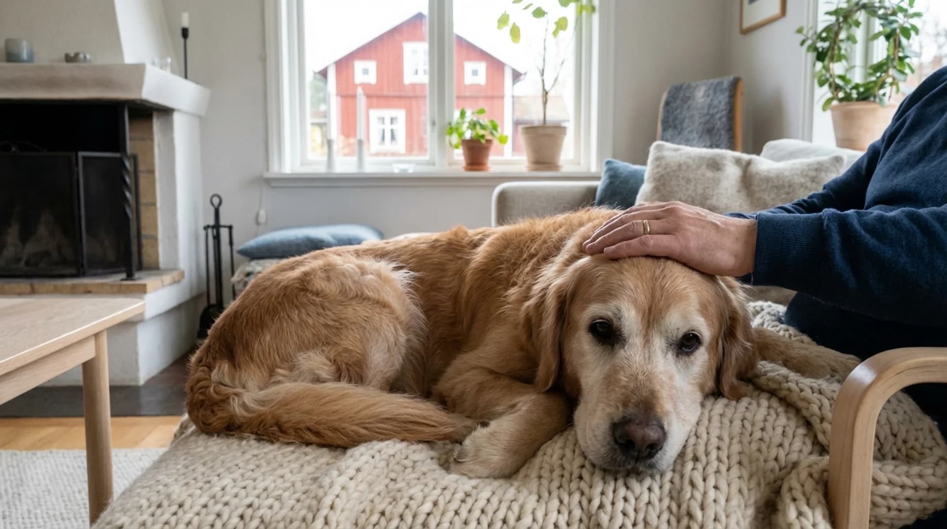 Äldre golden retriever vilar fridfullt hemma med ägarens hand på huvudet