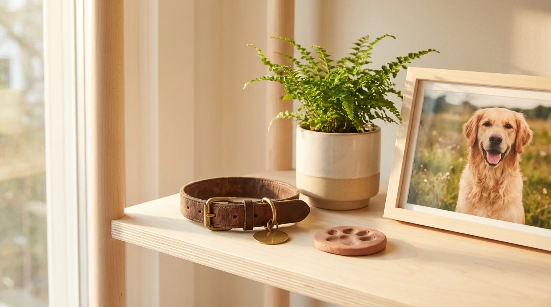 Halsband, tassavtryck och inramat foto på golden retriever på björkträhylla