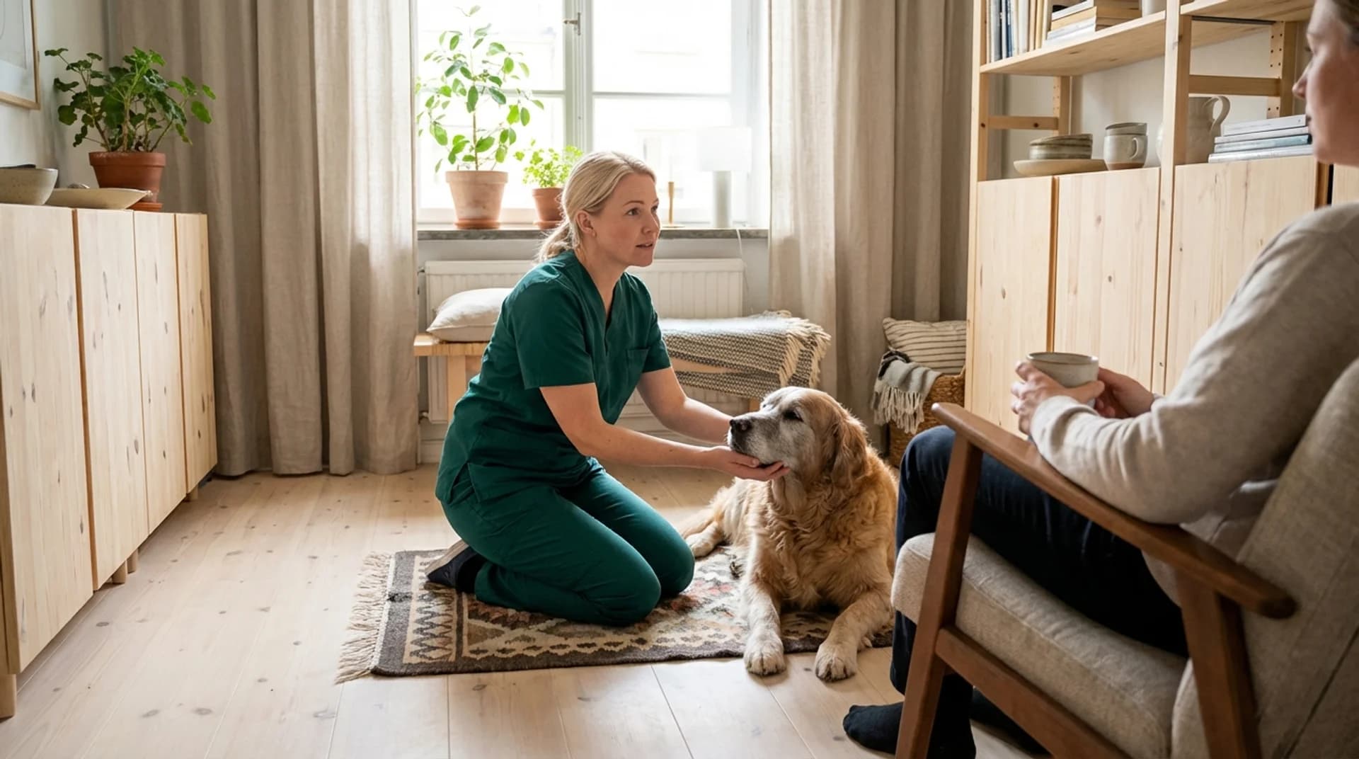Veterinär i gröna scrubs sitter på golvet hemma hos hund och ägare inför avlivning