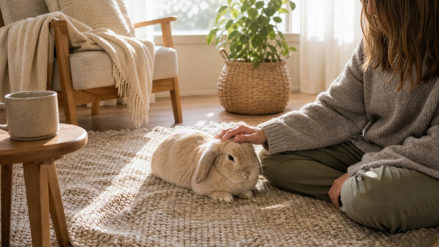 Krämfärgad kanin sitter hemma på ullmatta medan ägare klappar den varsamt.