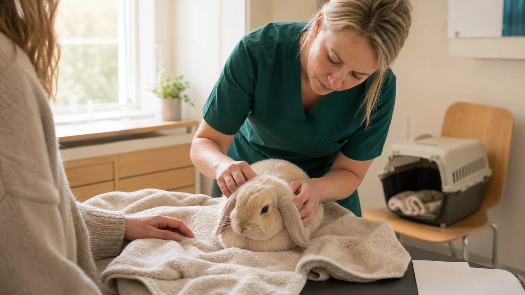 Veterinär i gröna scrubs undersöker äldre krämfärgad kanin inför livskvalitetsbedömning.