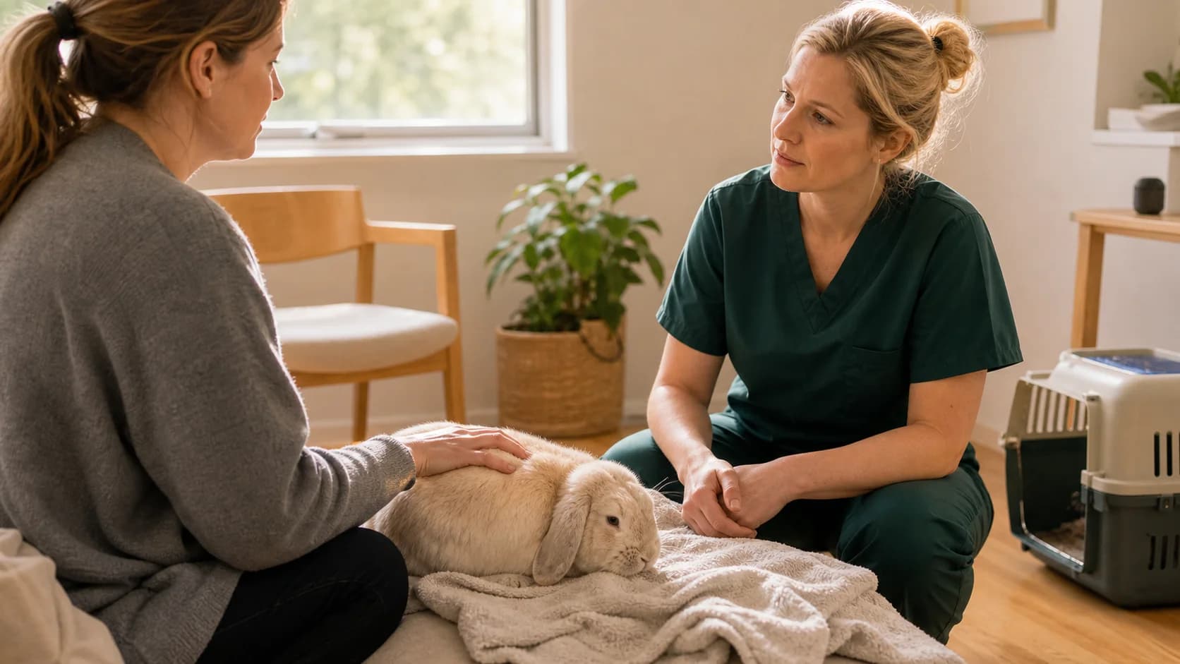 Ägare och veterinär samtalar lugnt bredvid krämfärgad kanin inför avlivningsbeslut.