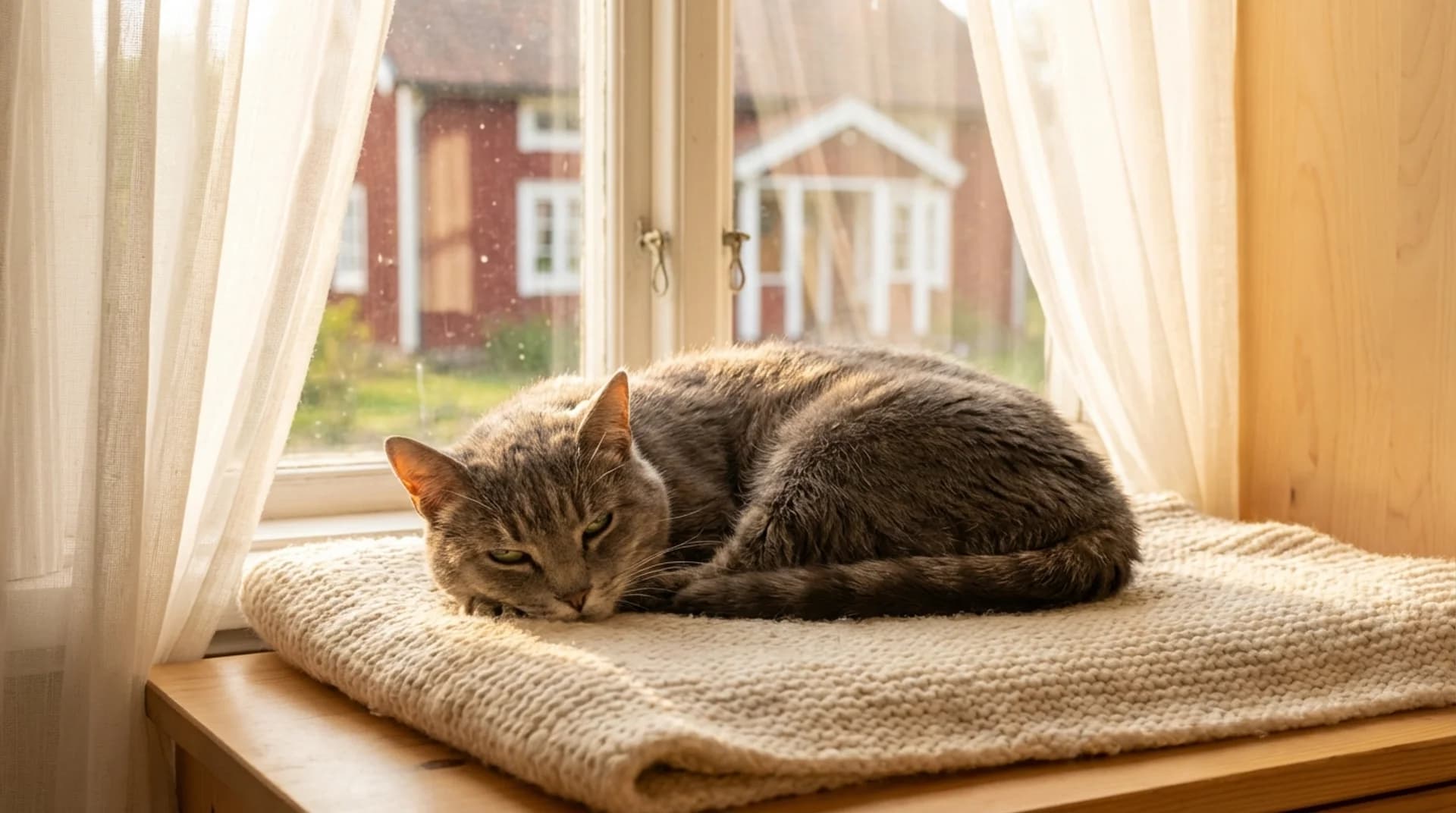 Äldre grå katt vilar fridfullt på fönsterbräda med rött svenskt hus i bakgrunden