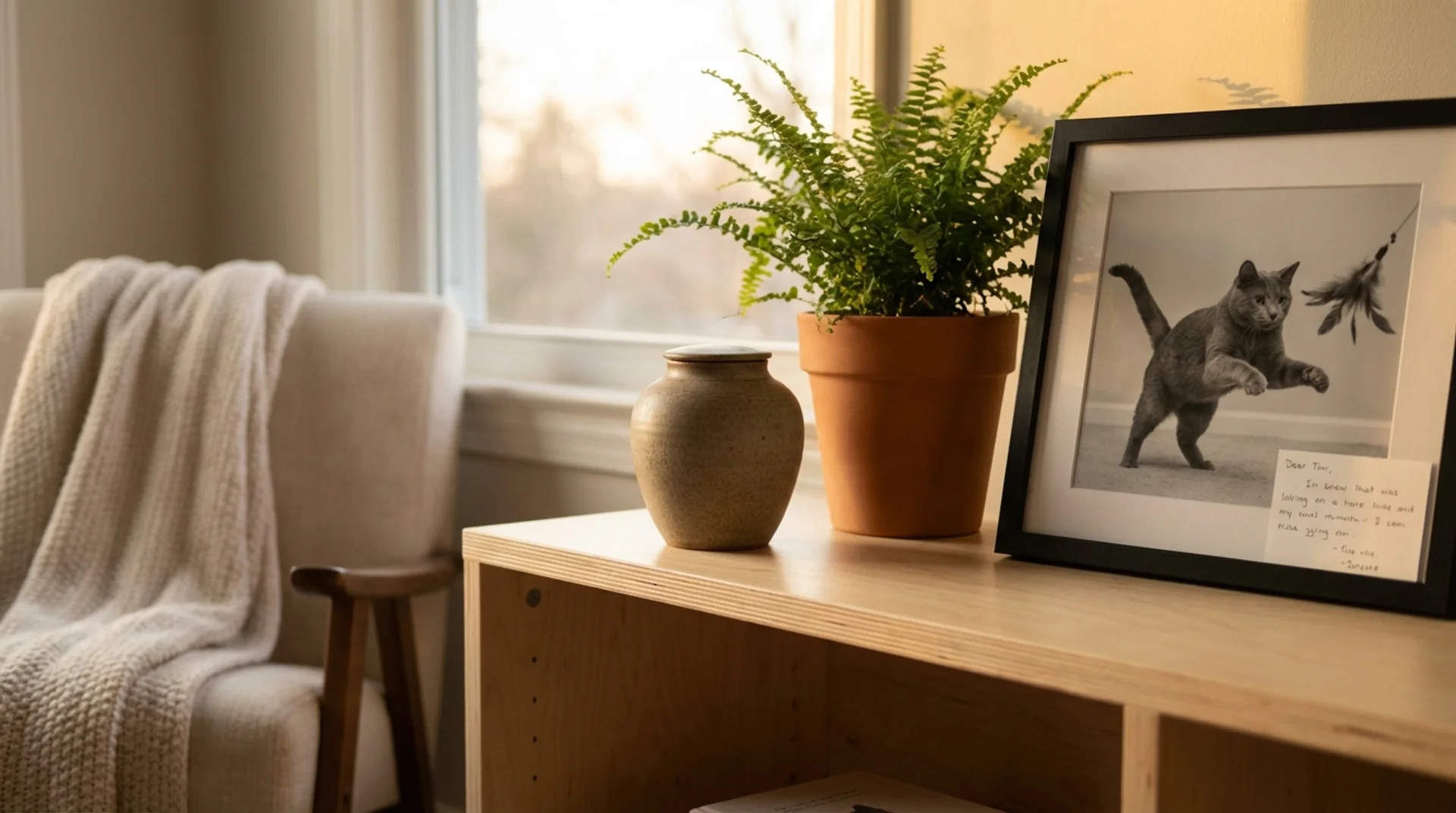Urna, ormbunke och fotografi av lekfull grå katt på björkträhylla som minne