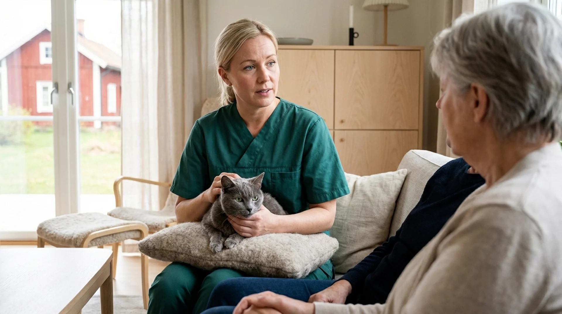 Veterinär i gröna scrubs håller grå katt i famnen hemma hos äldre ägare inför avlivning