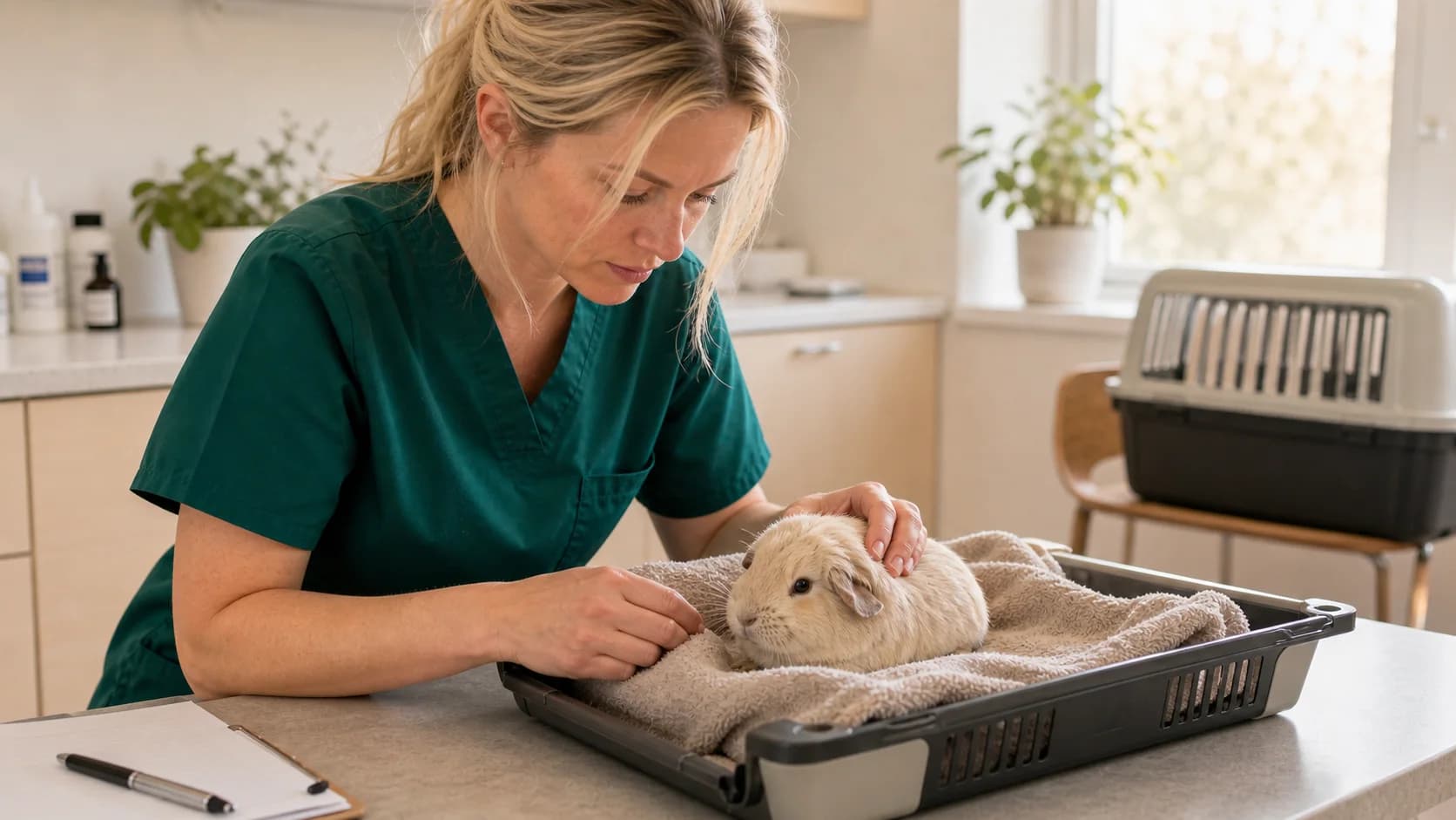 Veterinär i gröna scrubs bedömer äldre krämfärgat marsvin inför livskvalitetsbeslut.