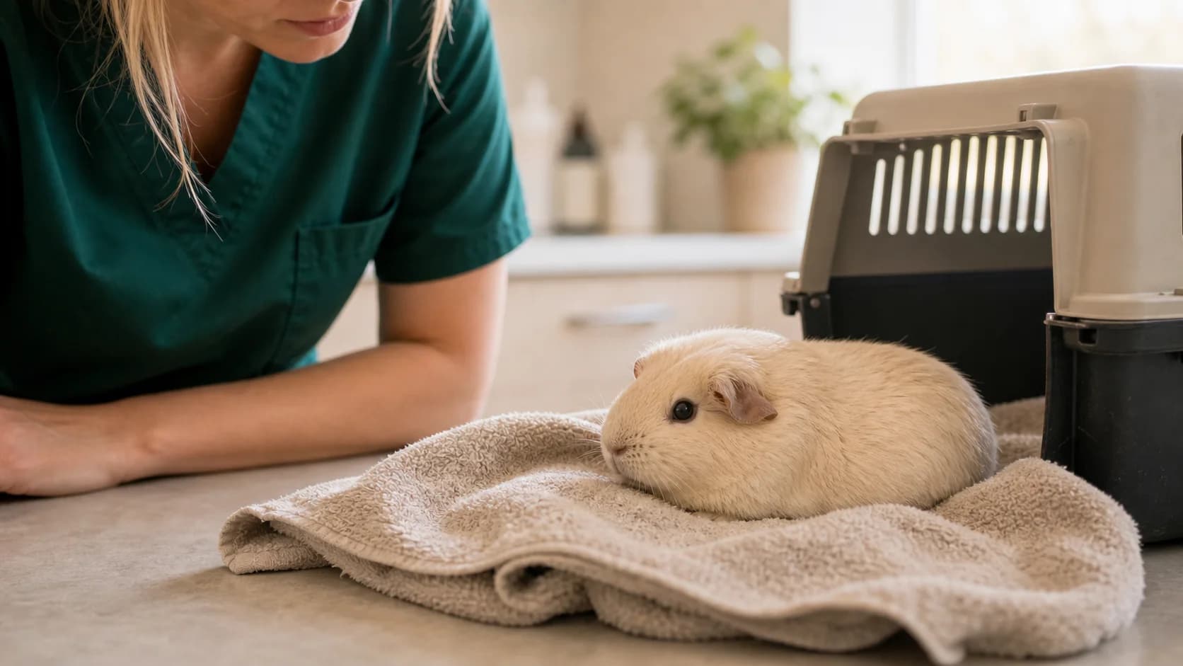 Äldre krämfärgat marsvin vilar på handduk medan veterinär bedömer hållning och andning.