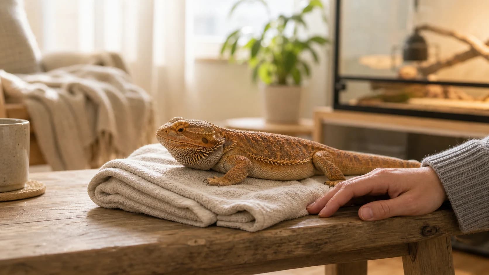 Äldre skäggagam vilar hemma nära ägarens hand inför ett svårt avlivningsbeslut.