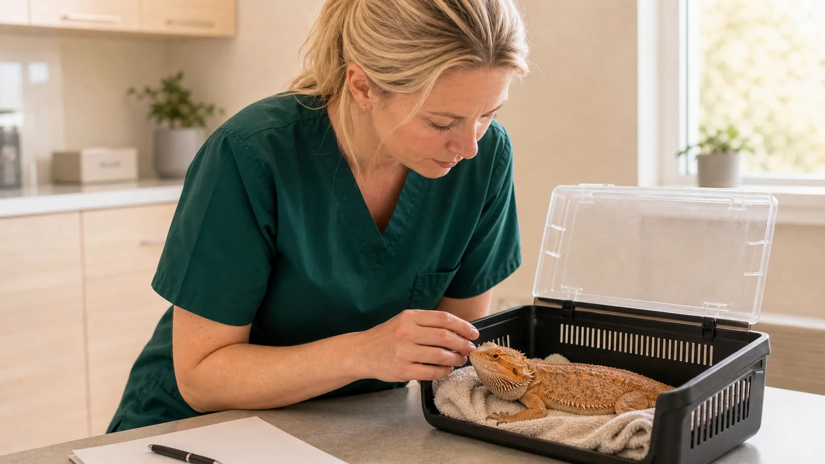 Reptilveterinär i gröna scrubs bedömer äldre skäggagam inför livskvalitetsbeslut.