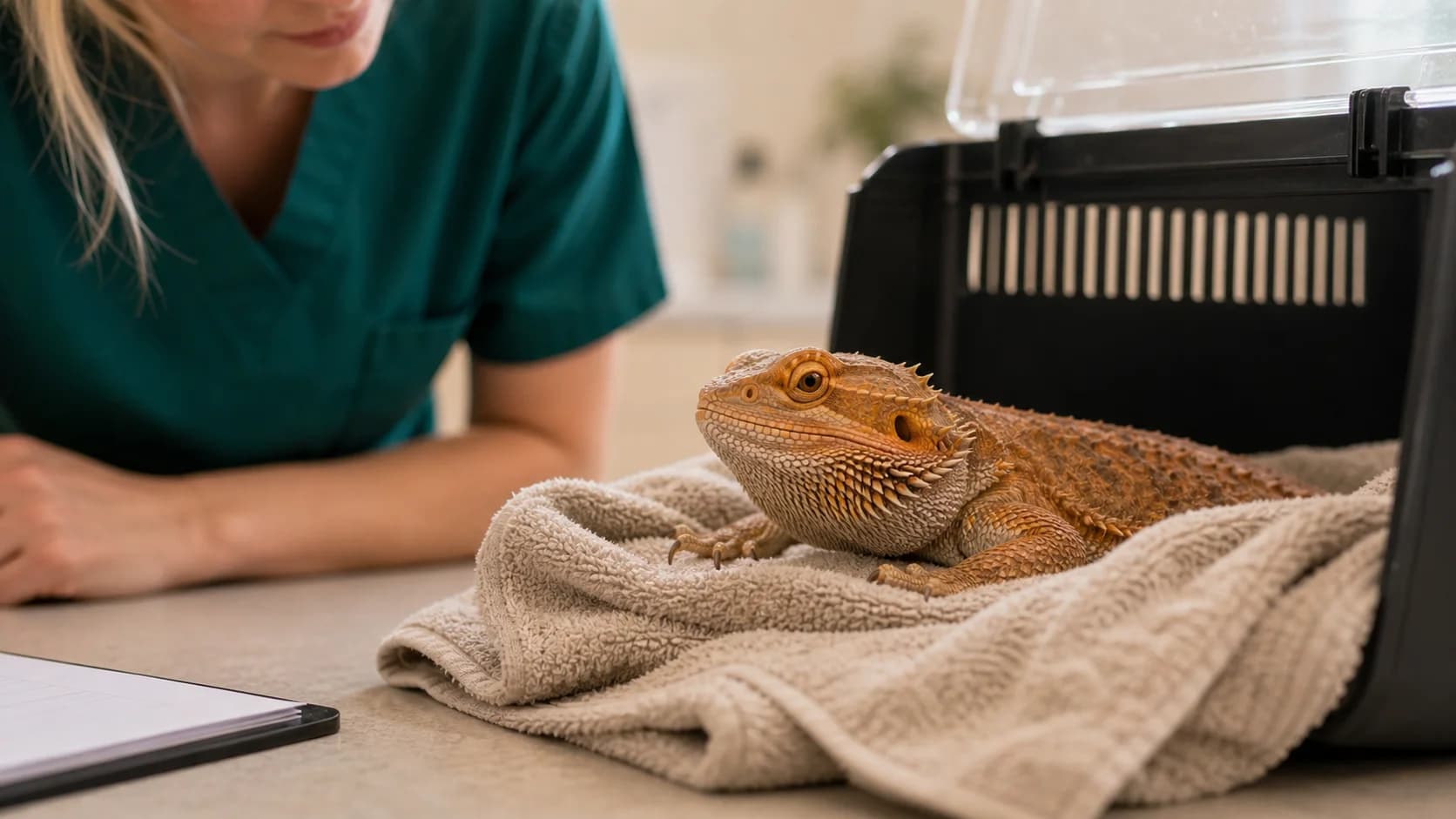 Äldre skäggagam vilar i transportlåda medan reptilveterinär bedömer andning och hållning.