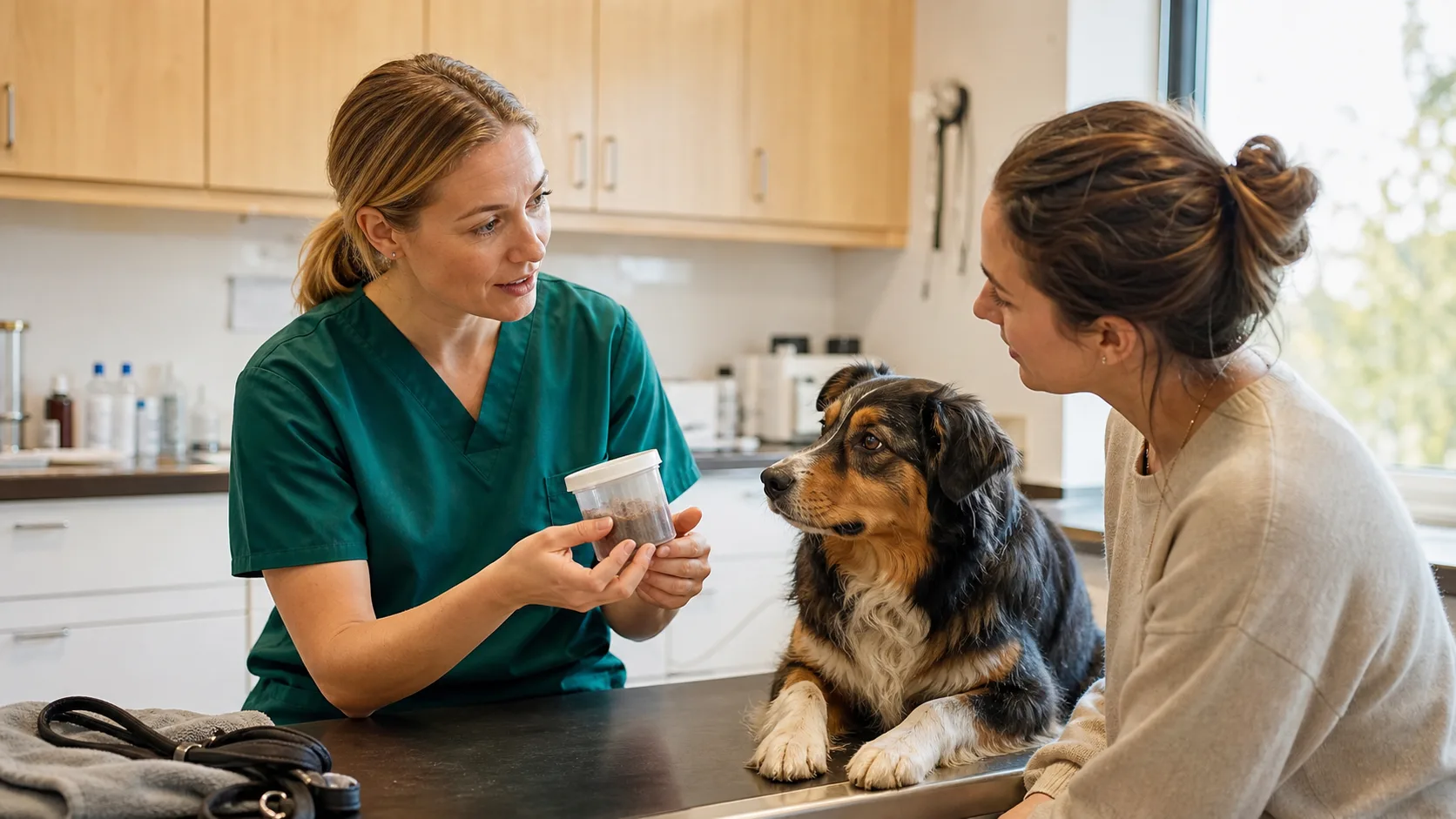 Veterinär och hundägare pratar om avföringsprov inför riktad avmaskning.
