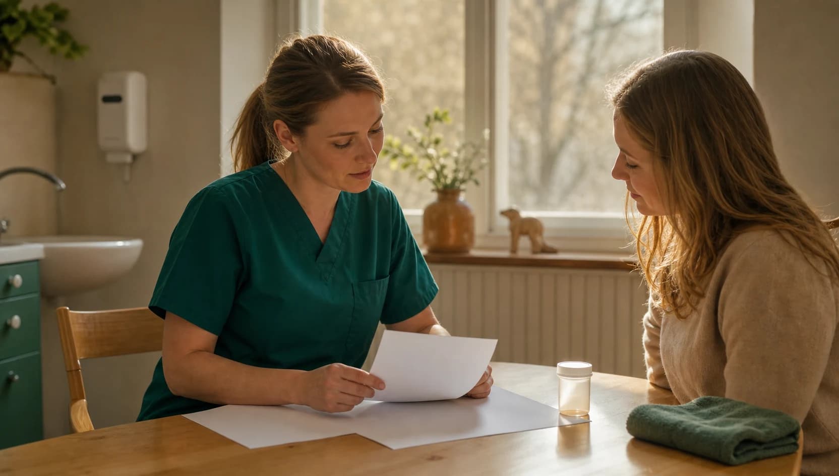 Veterinär i mörkgröna scrubs går igenom pris och prov inför avmaskning.