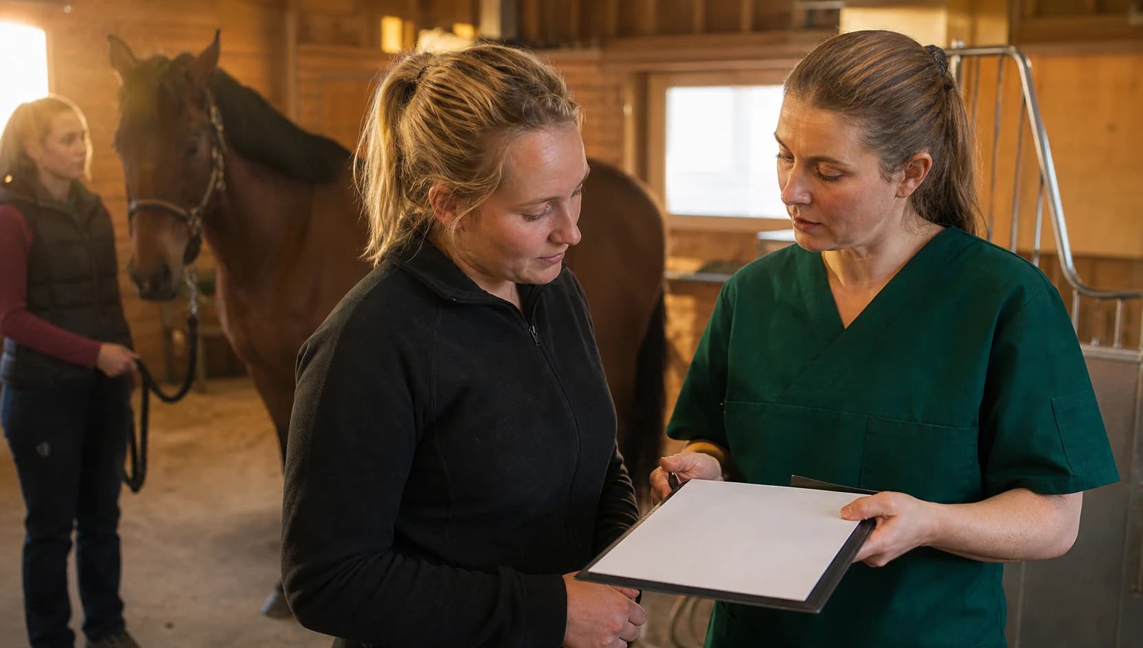 Hästveterinär i mörkgröna scrubs går igenom träckprov och pris med hästägare.