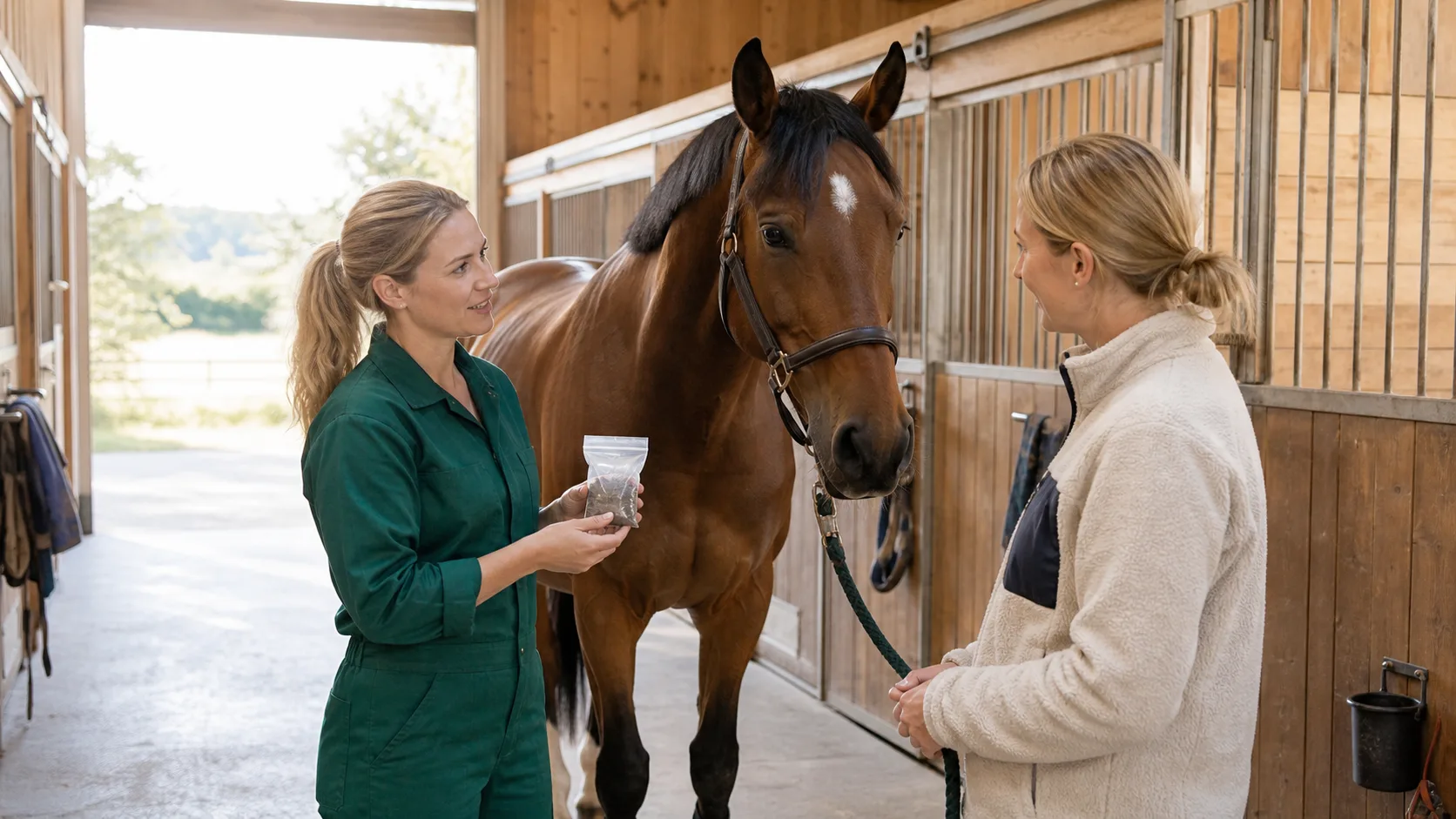 Hästveterinär i gröna arbetskläder pratar om träckprov och avmaskning med hästägare.