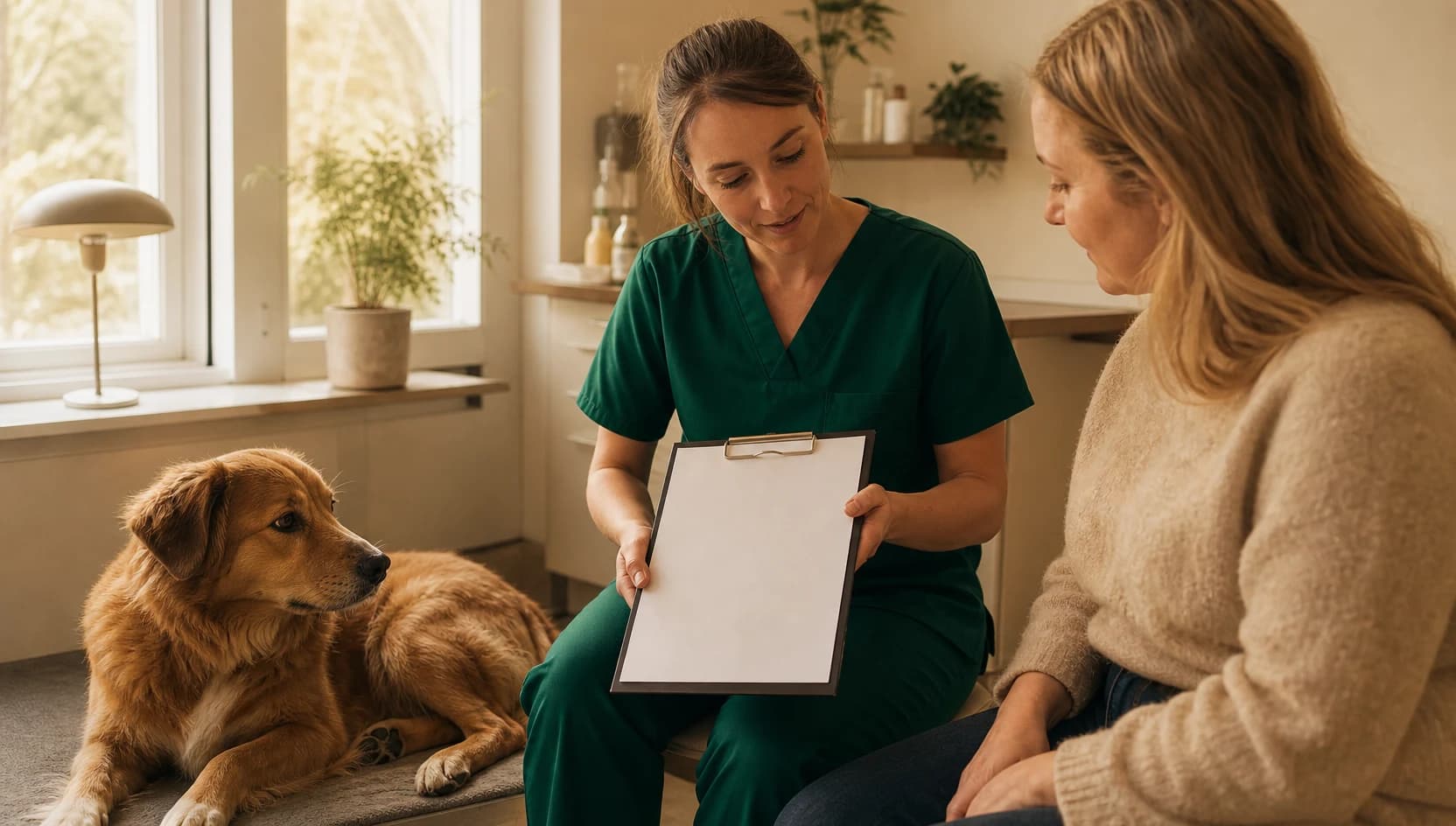 Veterinär i mörkgröna scrubs går igenom avmaskningsintyg och pris för hund.