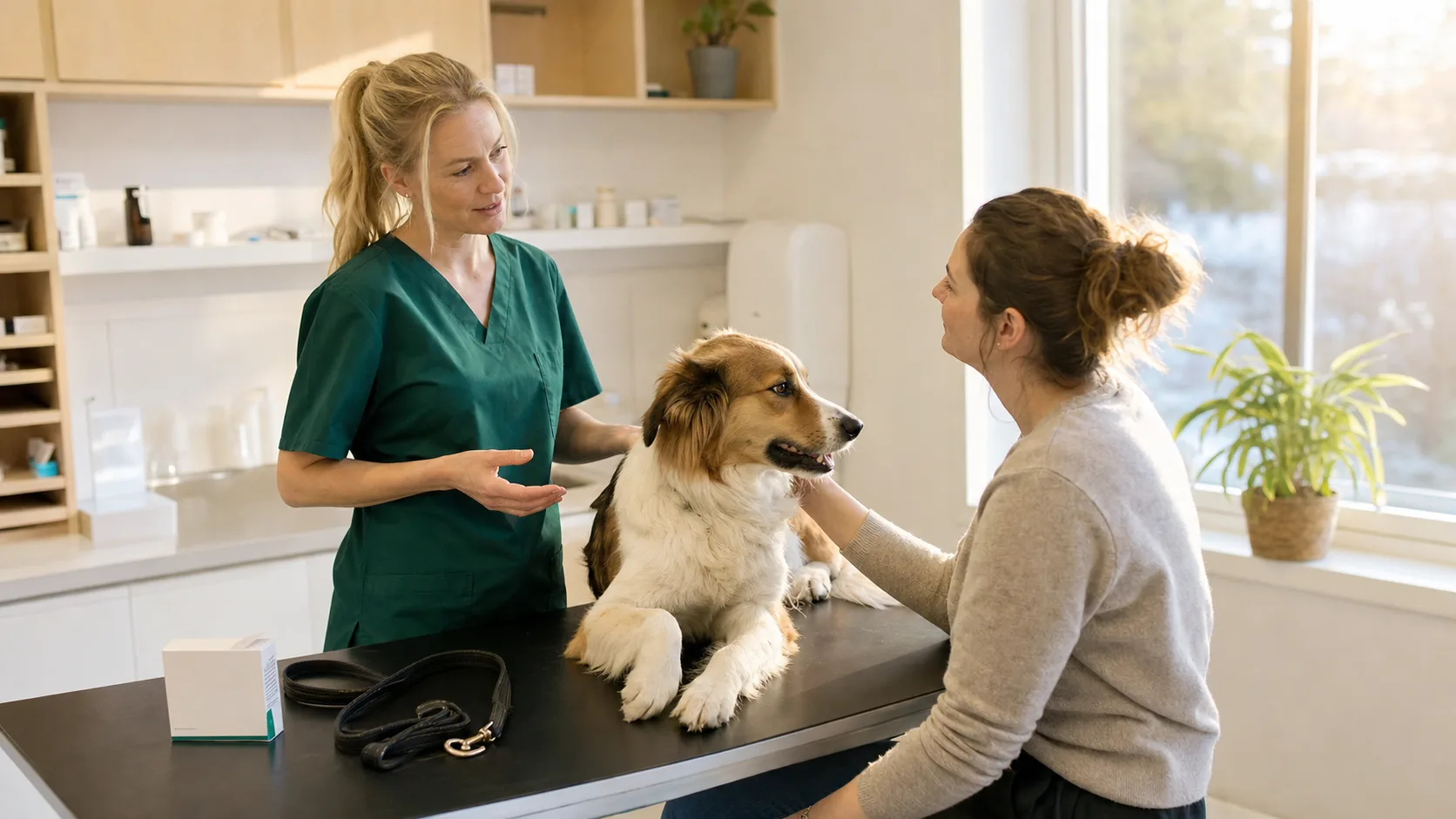 Veterinär i gröna scrubs ger råd om avmaskning till hundägare på svensk klinik.