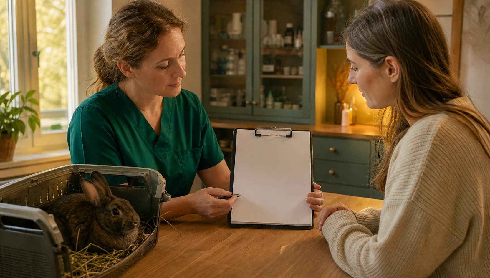 Veterinär i mörkgröna scrubs går igenom prov och pris inför avmaskning av kanin.