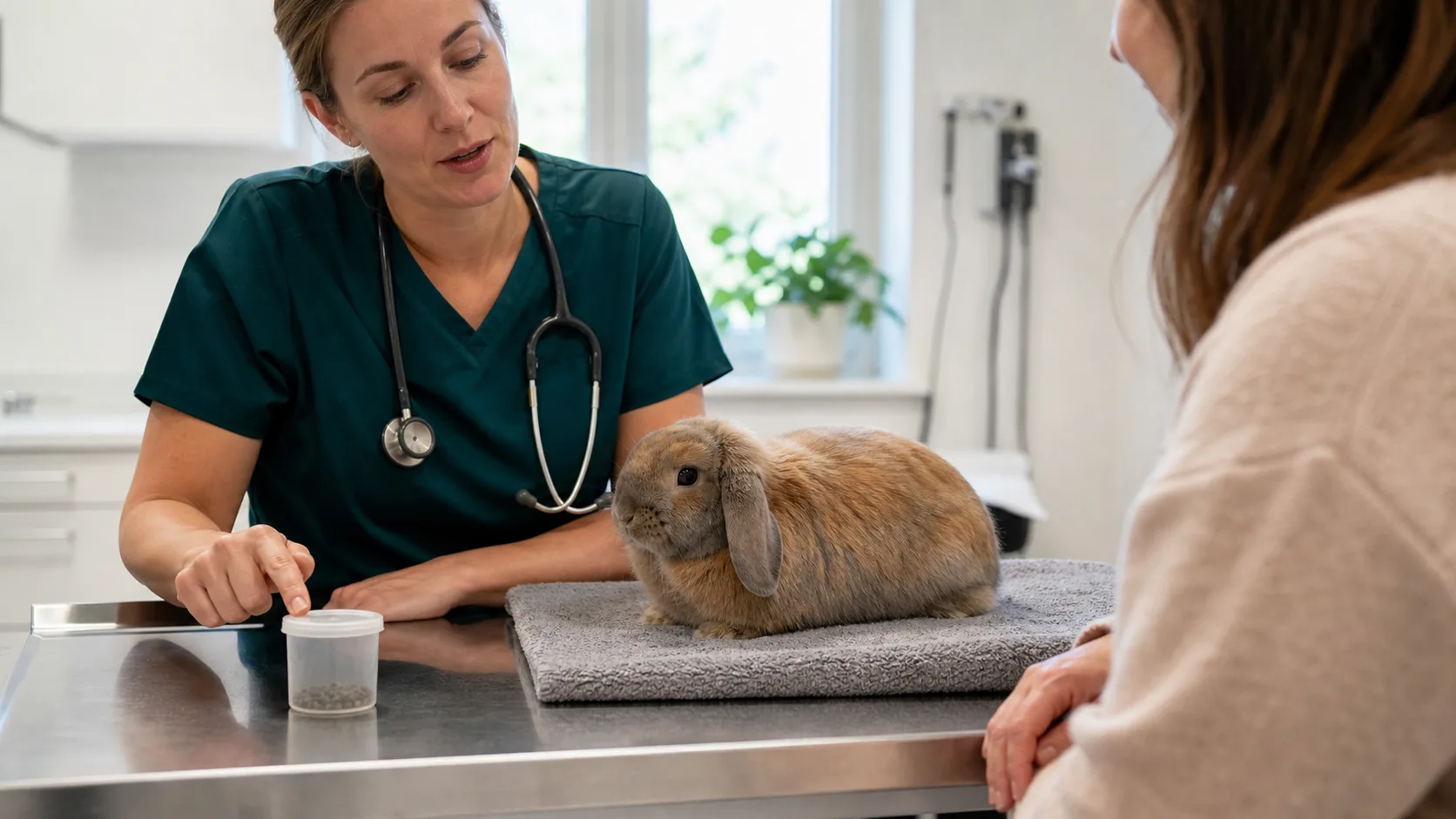 Veterinär i gröna scrubs pratar om träckprov och avmaskning med kaninägare.