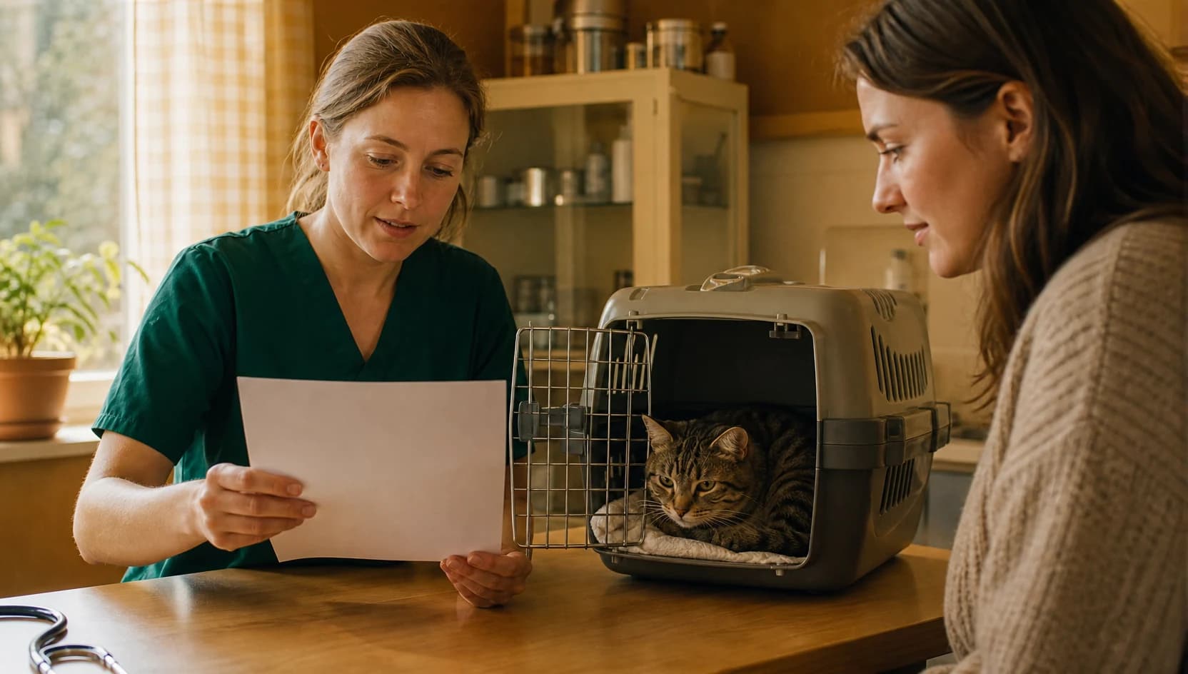 Veterinär i mörkgröna scrubs går igenom pris och prov inför avmaskning av katt.