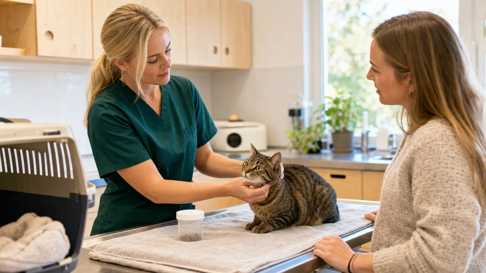 Veterinär i gröna scrubs ger råd om avmaskning till kattägare på svensk klinik.