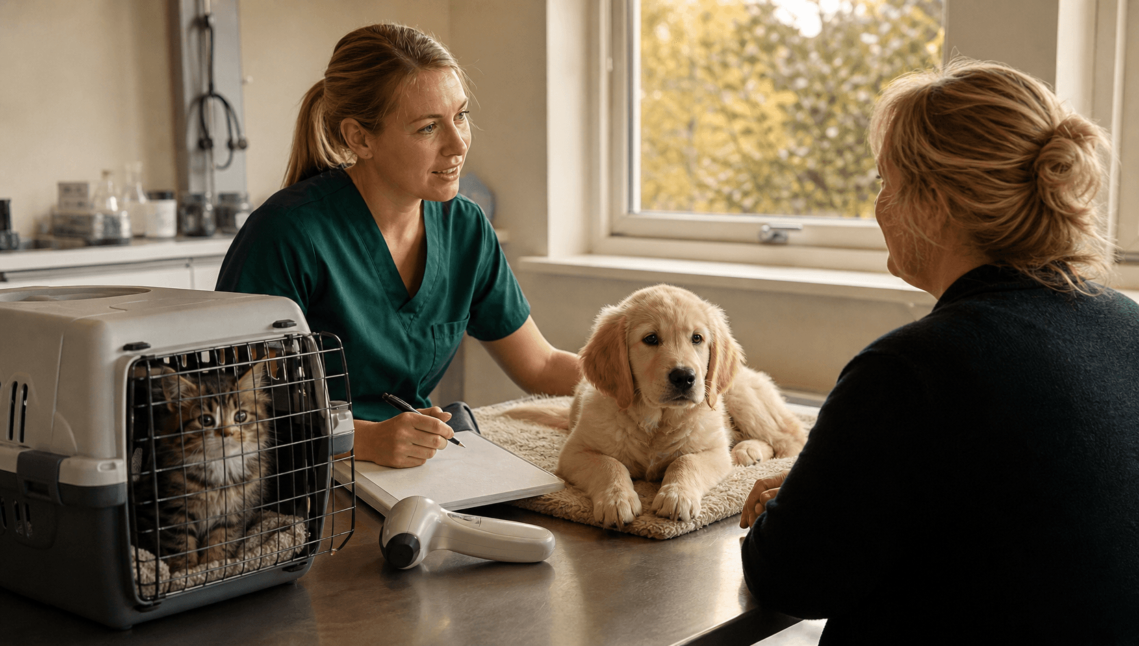 Veterinär samtalar om valp- och kattungebesiktning med valp och kattunge på klinik.