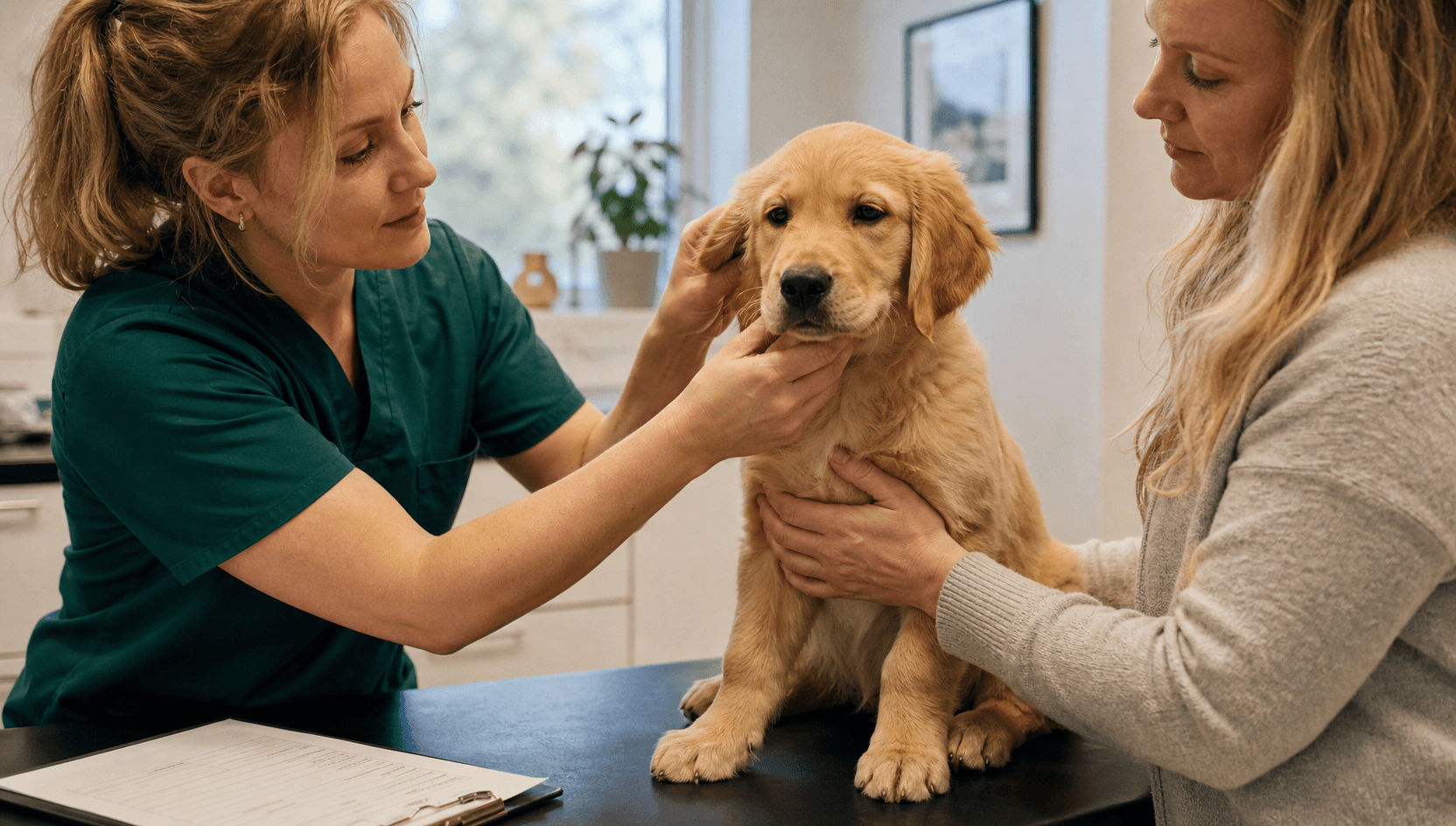 Veterinär undersöker golden retriever-valp inför valpbesiktning.