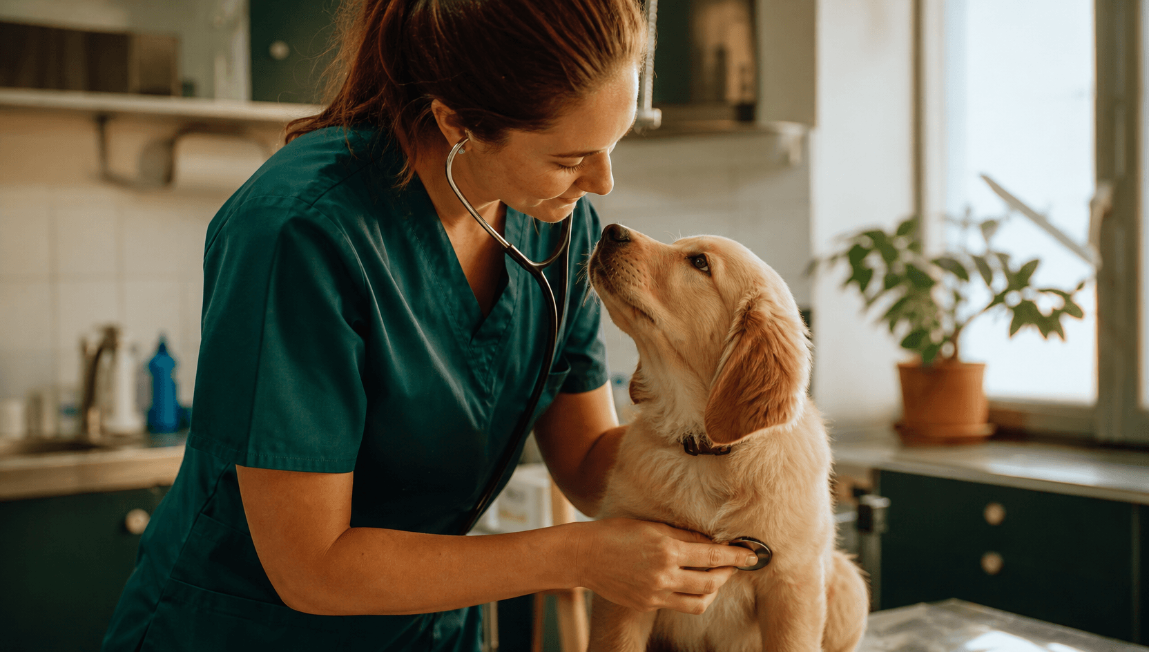 Veterinär lyssnar på hjärtat hos en valp vid valpbesiktning.