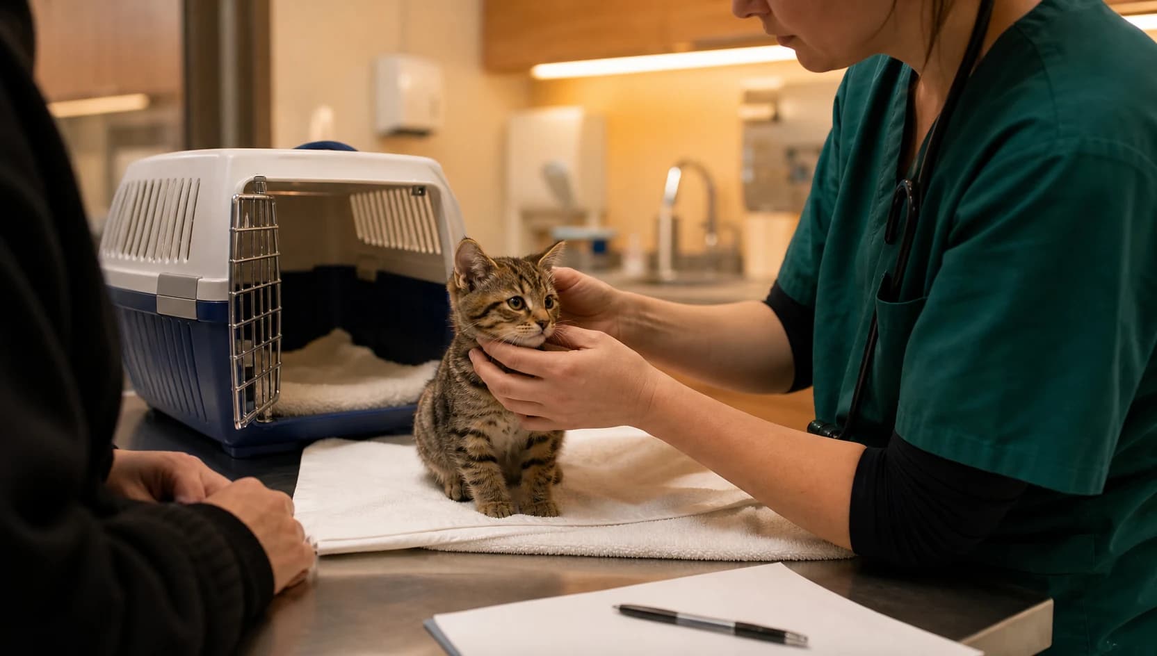 Veterinär kontrollerar kattunge i transportbur inför kattungebesiktning.